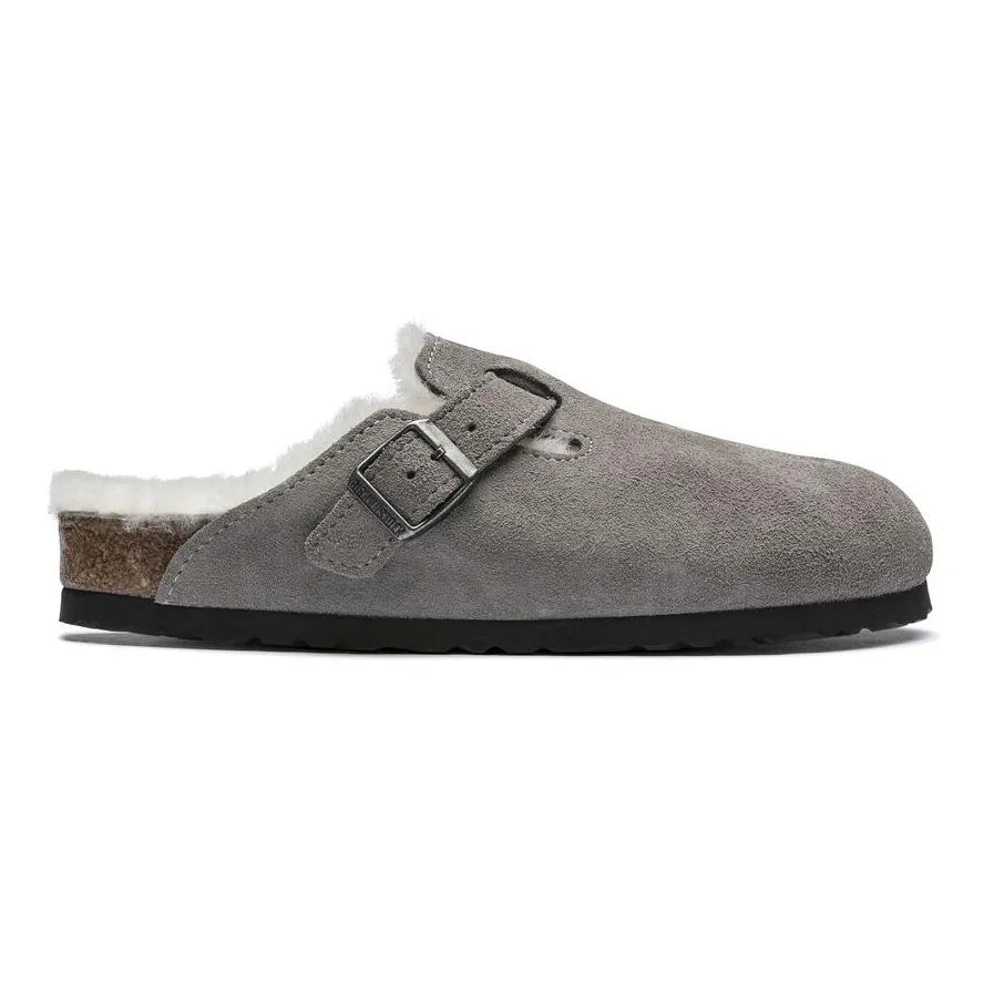 Birkenstock Boston Femme en Daim avec Doublure en Shearling et Pièce de Monnaie Pierre