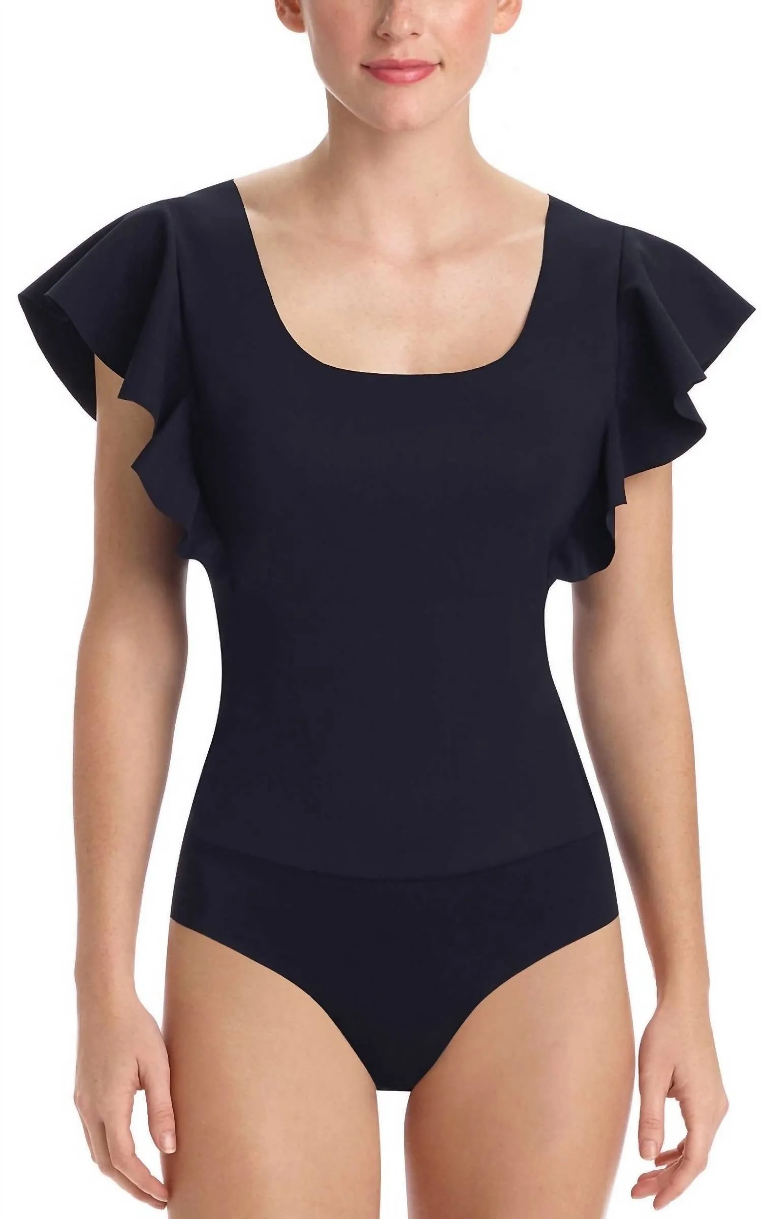 Body moulant à volants en tissu matelassé noir