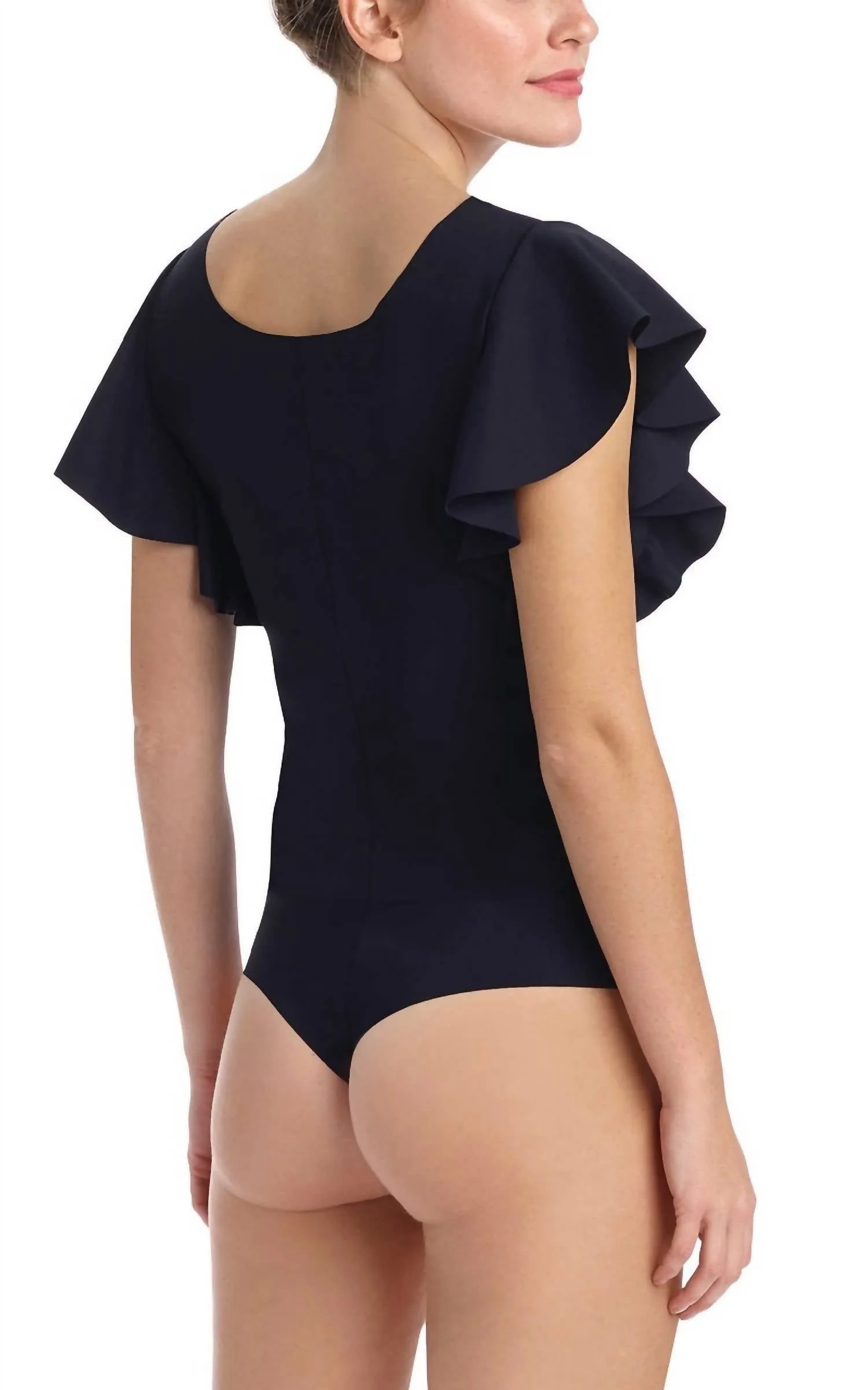 Body moulant à volants en tissu matelassé noir