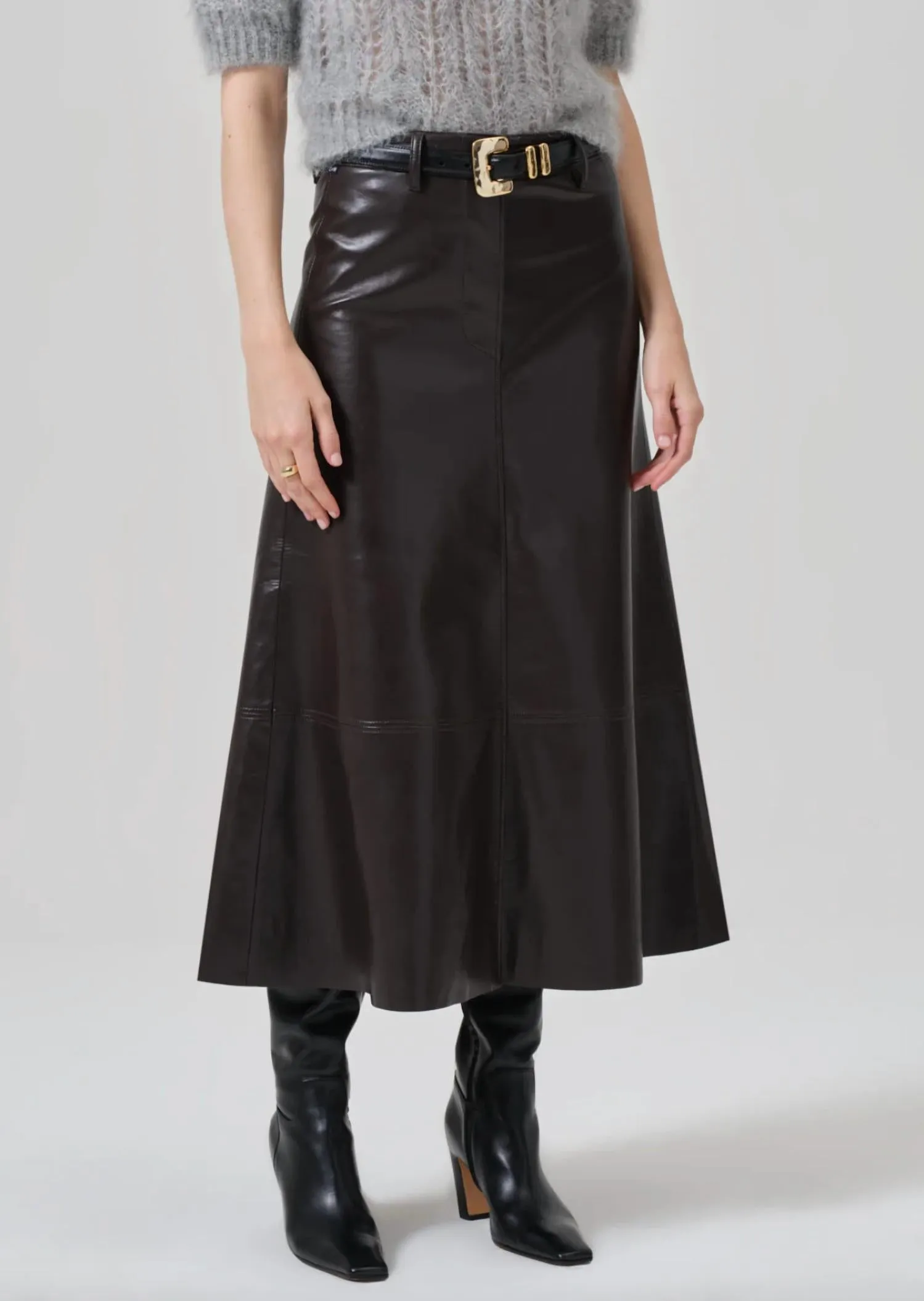 Jupe en Cuir Cassia en Brun Chocolat Foncé