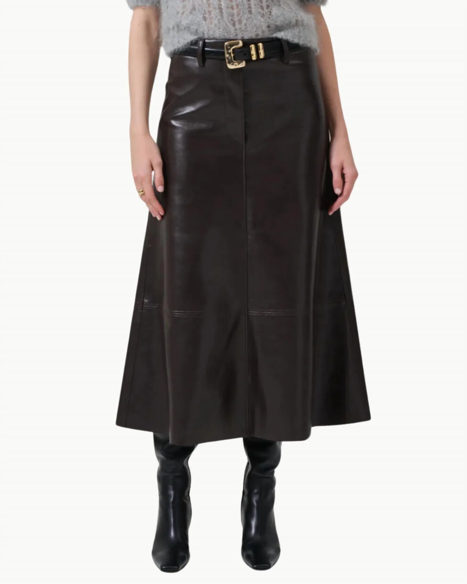 Jupe en Cuir Cassia en Brun Chocolat Foncé