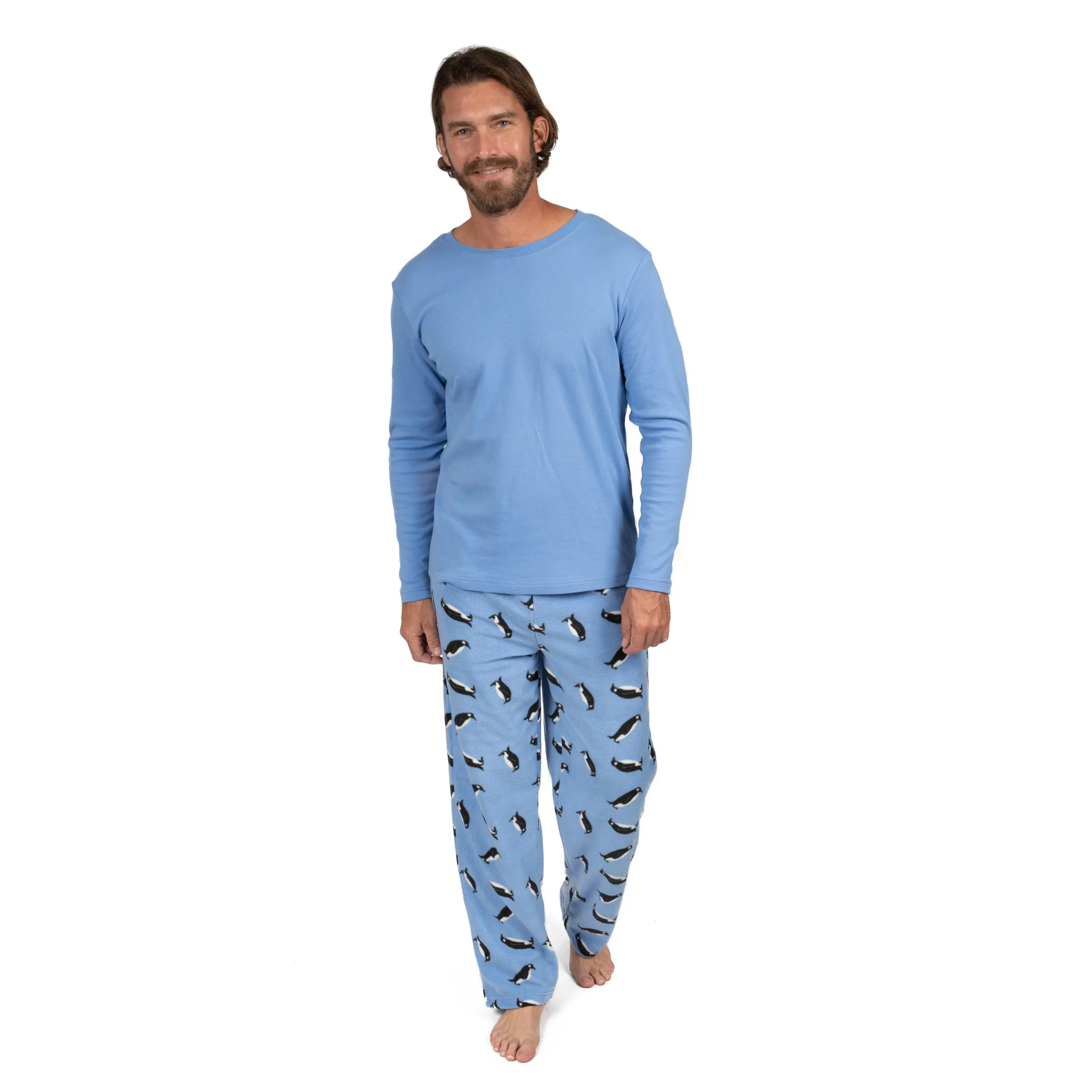 Pyjama Homme Noël Haut en Coton et Pantalon en Polaire Pingouin