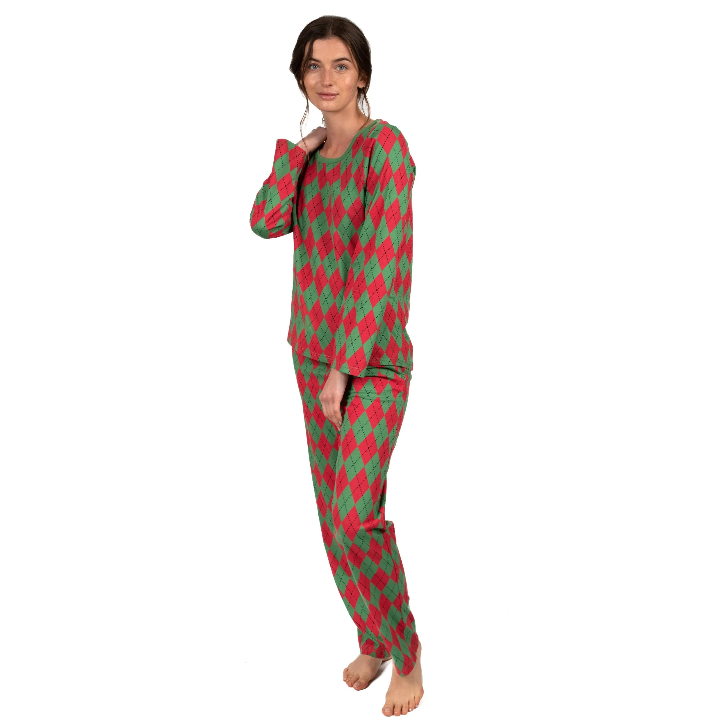 Pyjama deux pièces pour femmes en coton ample à motifs argyle de Noël