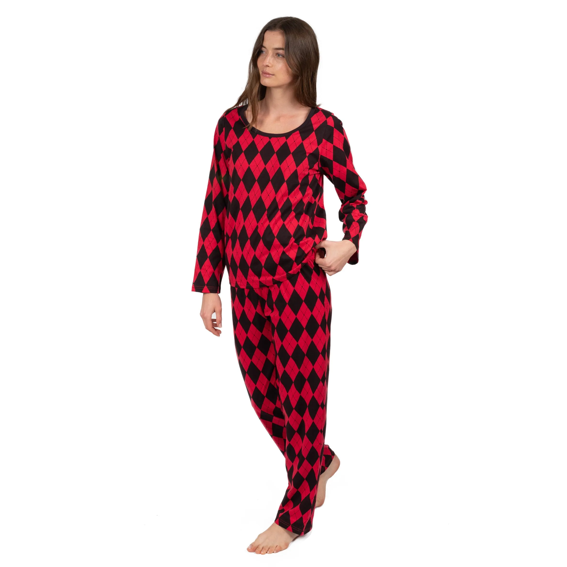 Pyjama deux pièces pour femmes en coton ample à motifs argyle de Noël