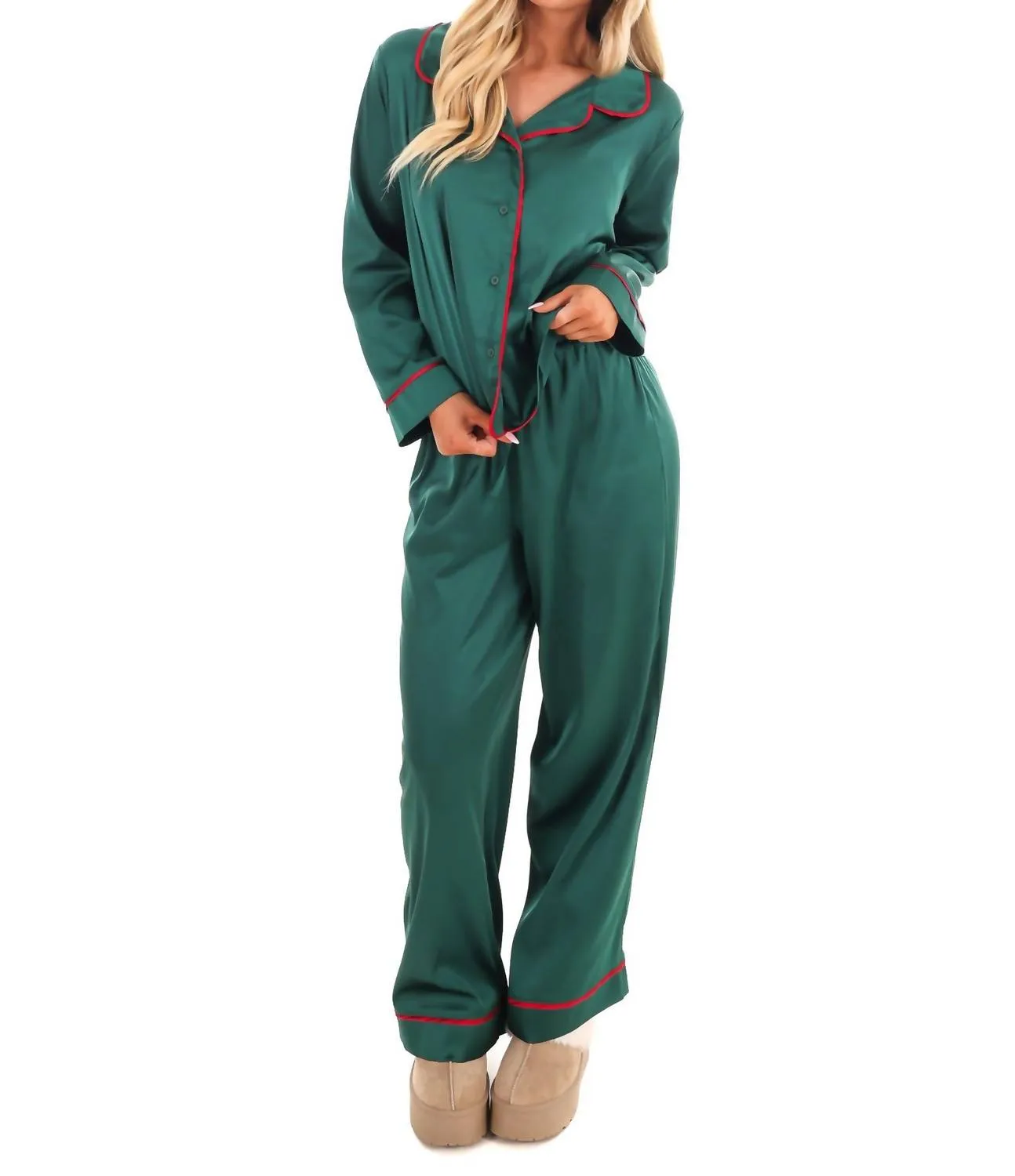 Pyjama de Noël en satin Cozy Claus en vert