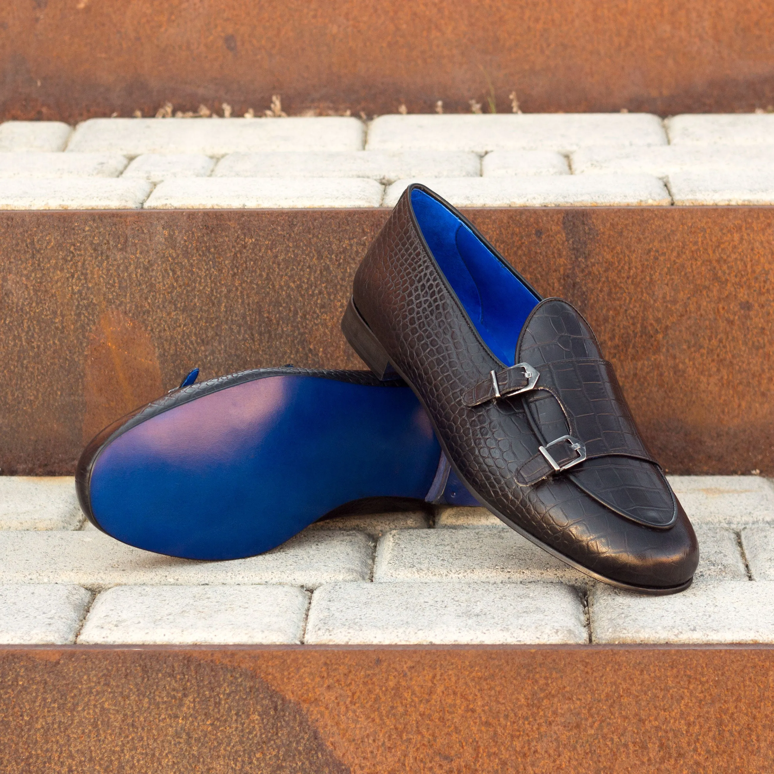Dapperfam Shoes DapperFam Rialto en Noir Chaussure Monk Homme en Cuir Croco Imprimé Italien