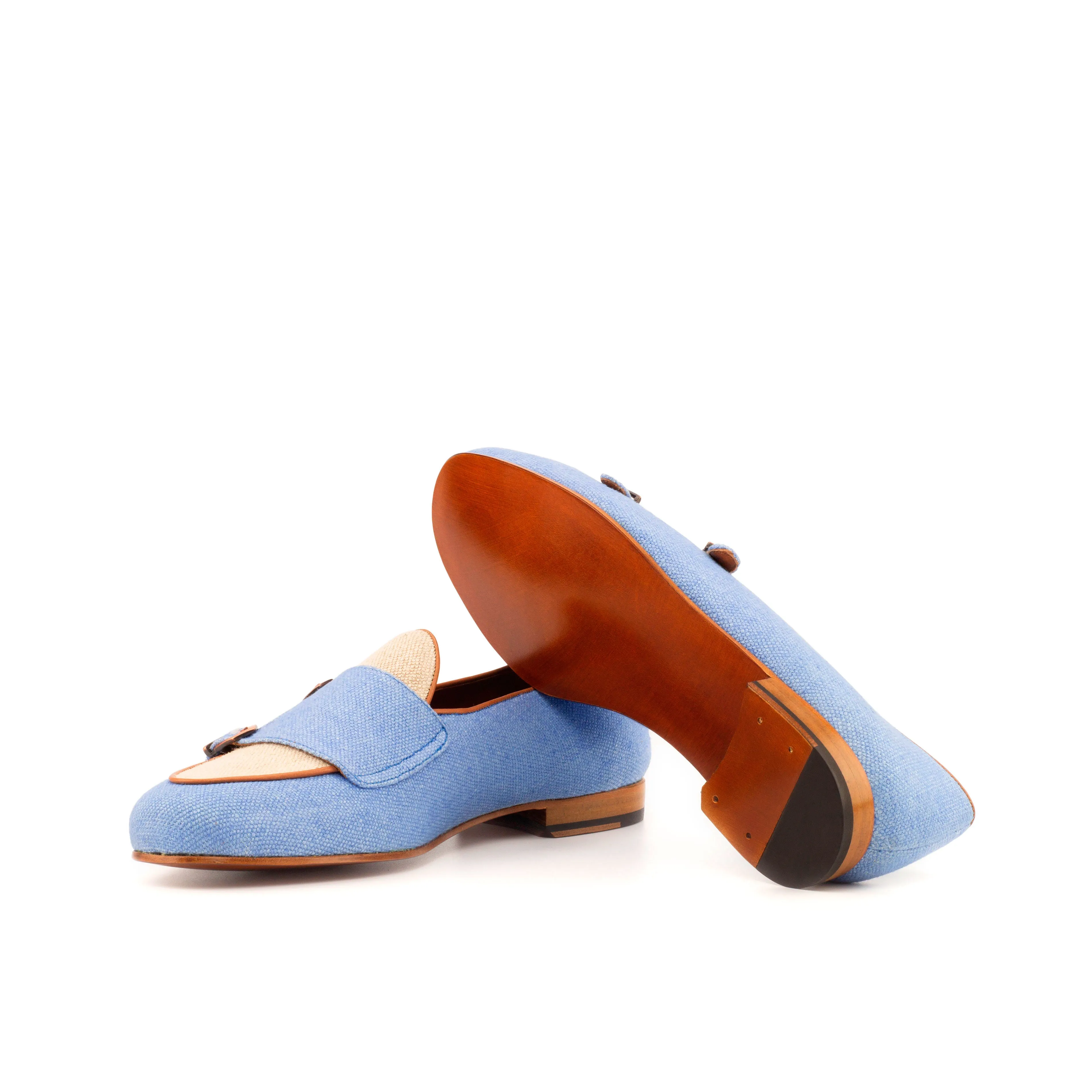 Dapperfam Shoes DapperFam Rialto en Bleu / Glace / Brun Moyen Mocassin Moine pour Homme en Lin & Cuir Italien