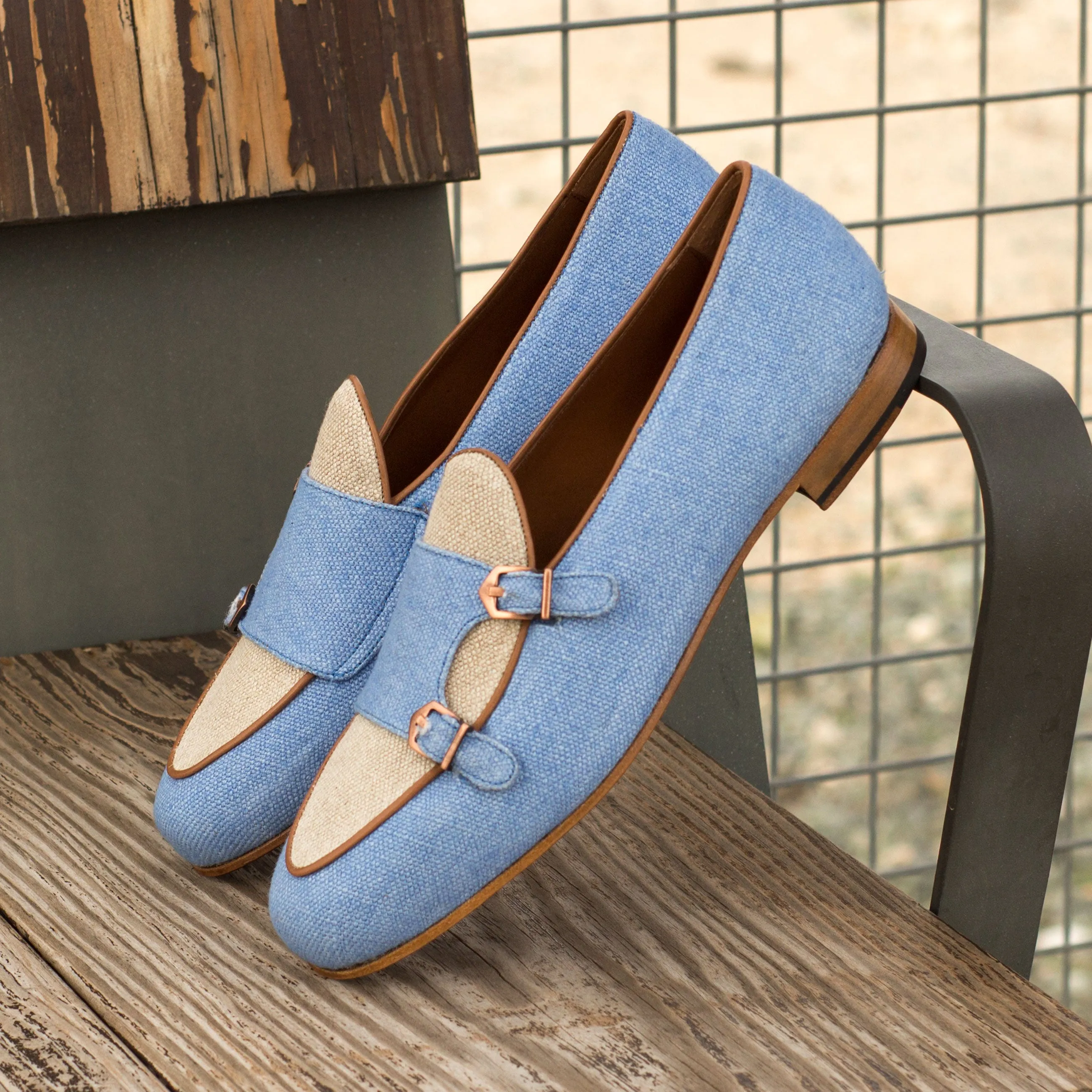 Dapperfam Shoes DapperFam Rialto en Bleu / Glace / Brun Moyen Mocassin Moine pour Homme en Lin & Cuir Italien