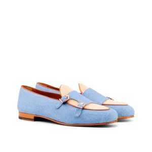 Dapperfam Shoes DapperFam Rialto in Blue / Ice / Med Brown Men's Linen & Italian Leather Monk Slipper
