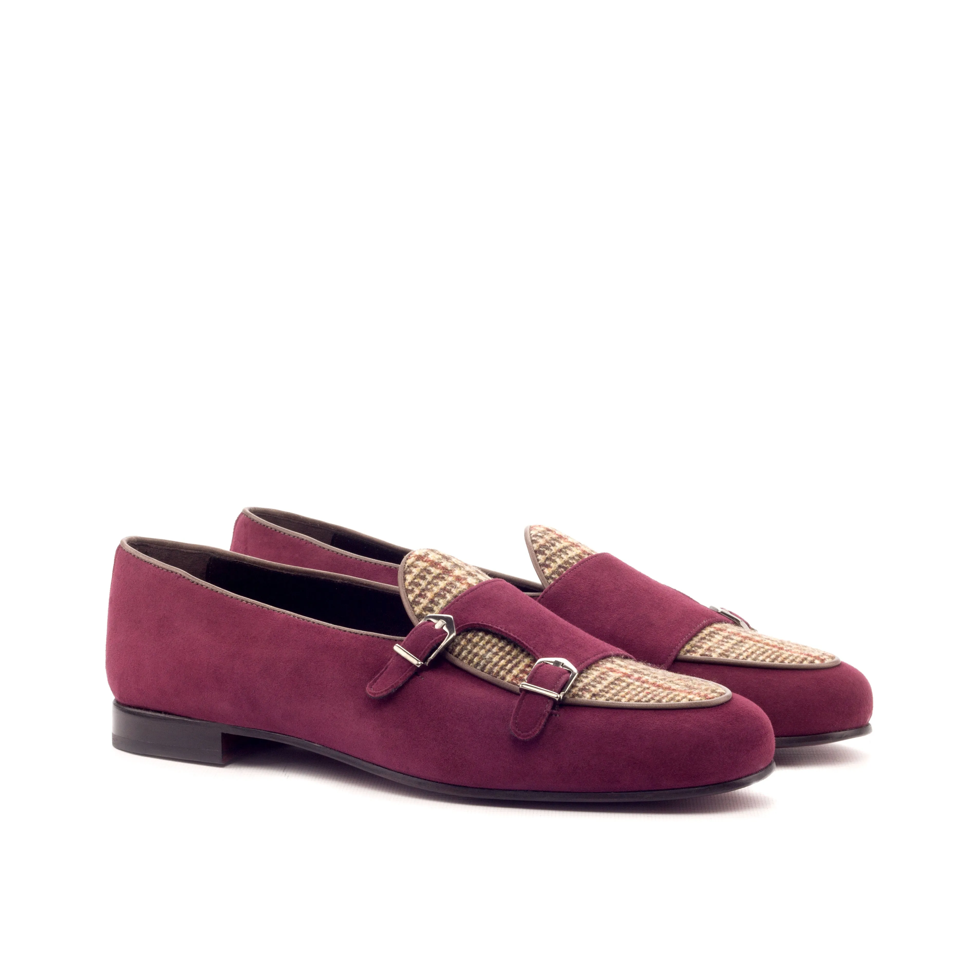 Dapperfam Shoes DapperFam Rialto en Vin / Tweed / Brun Foncé Mocassin Moine en Suède & Sartorial & Cuir Italien pour Hommes