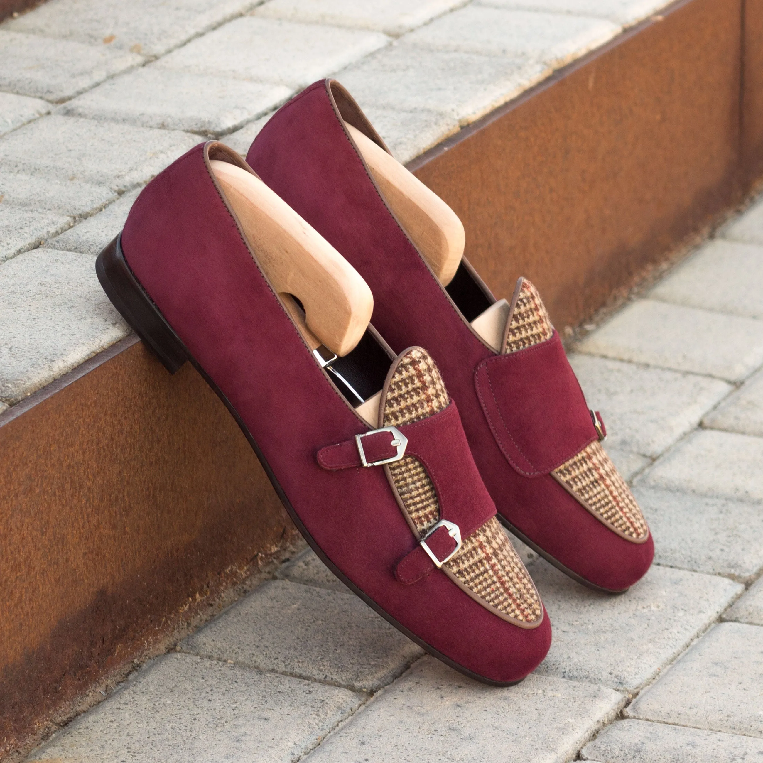Dapperfam Shoes DapperFam Rialto en Vin / Tweed / Brun Foncé Mocassin Moine en Suède & Sartorial & Cuir Italien pour Hommes