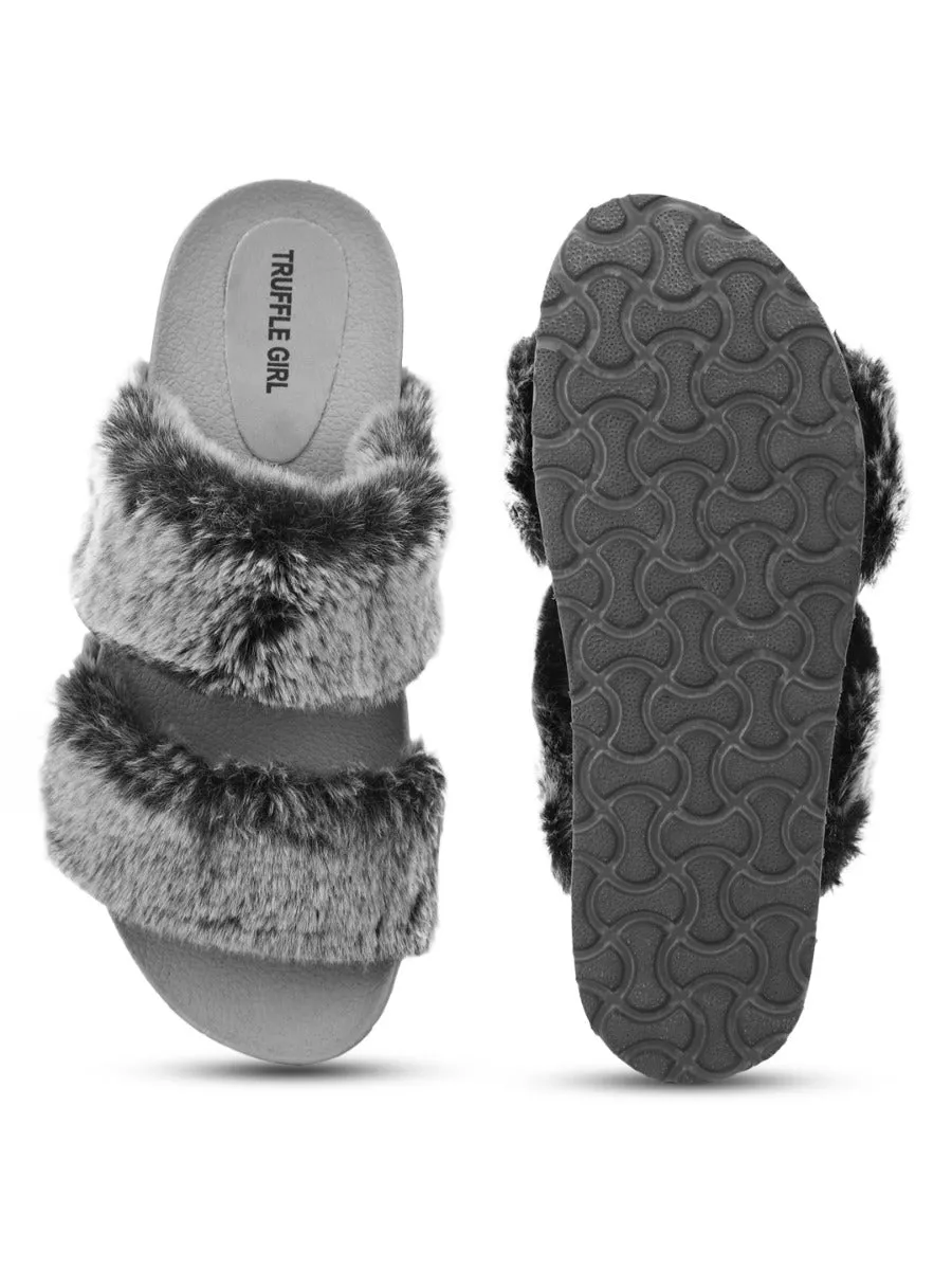 Mules en Fausse Fourrure Grise