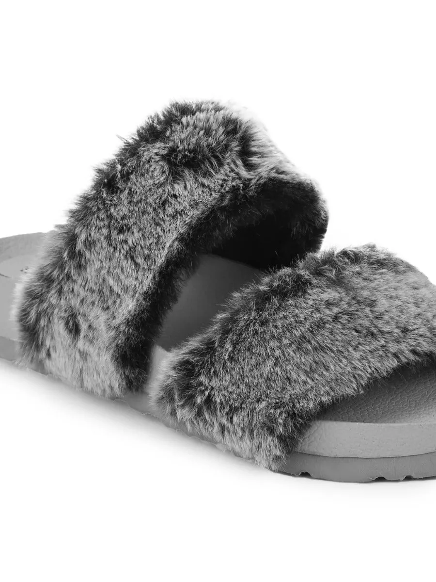 Mules en Fausse Fourrure Grise