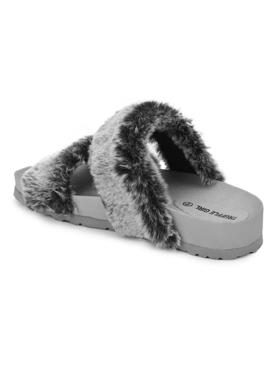 Mules en Fausse Fourrure Grise