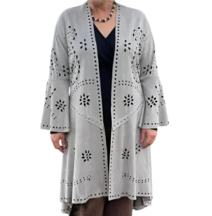 Laser Cut Long Cardigan In Gray