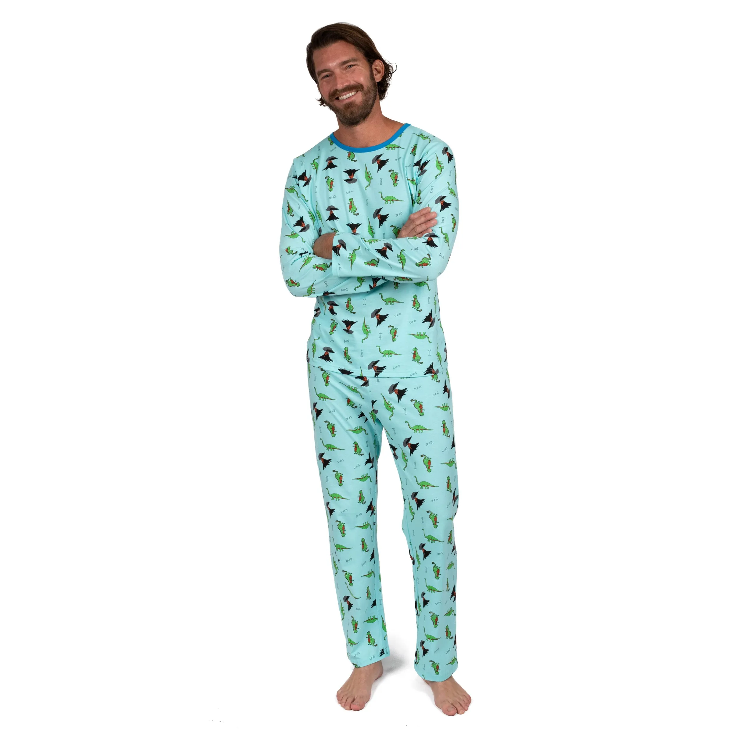 Pyjama deux pièces en coton ample pour homme - Dinosaure bleu