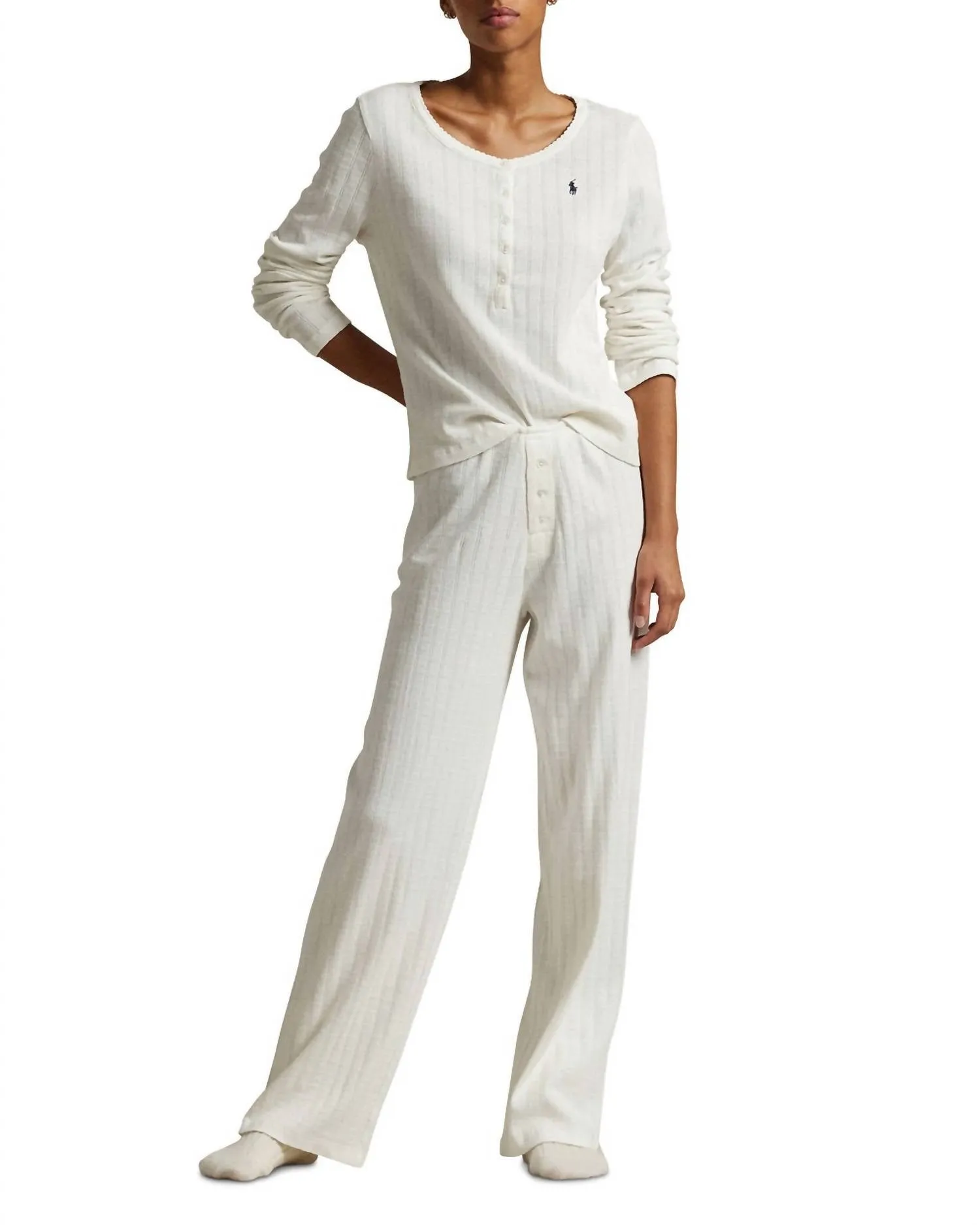 Pyjama Polo Pointelle Henley en Aigrette