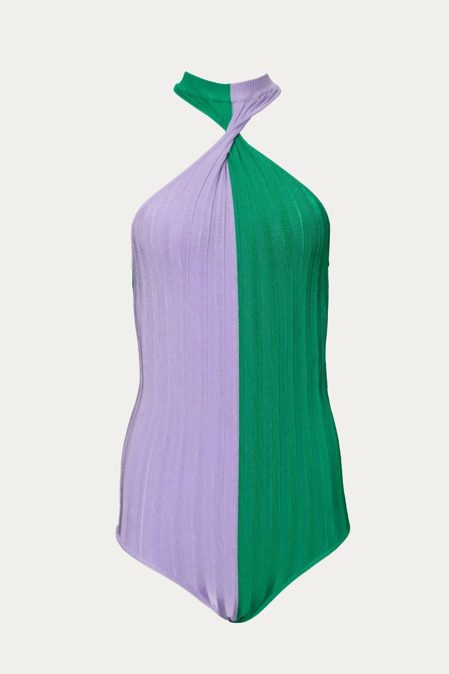 Body bicolore à col licou en lilas/vert foncé