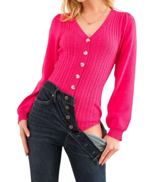 Waiting By The Phone Cable Knit Bodysuit In Hot Pink