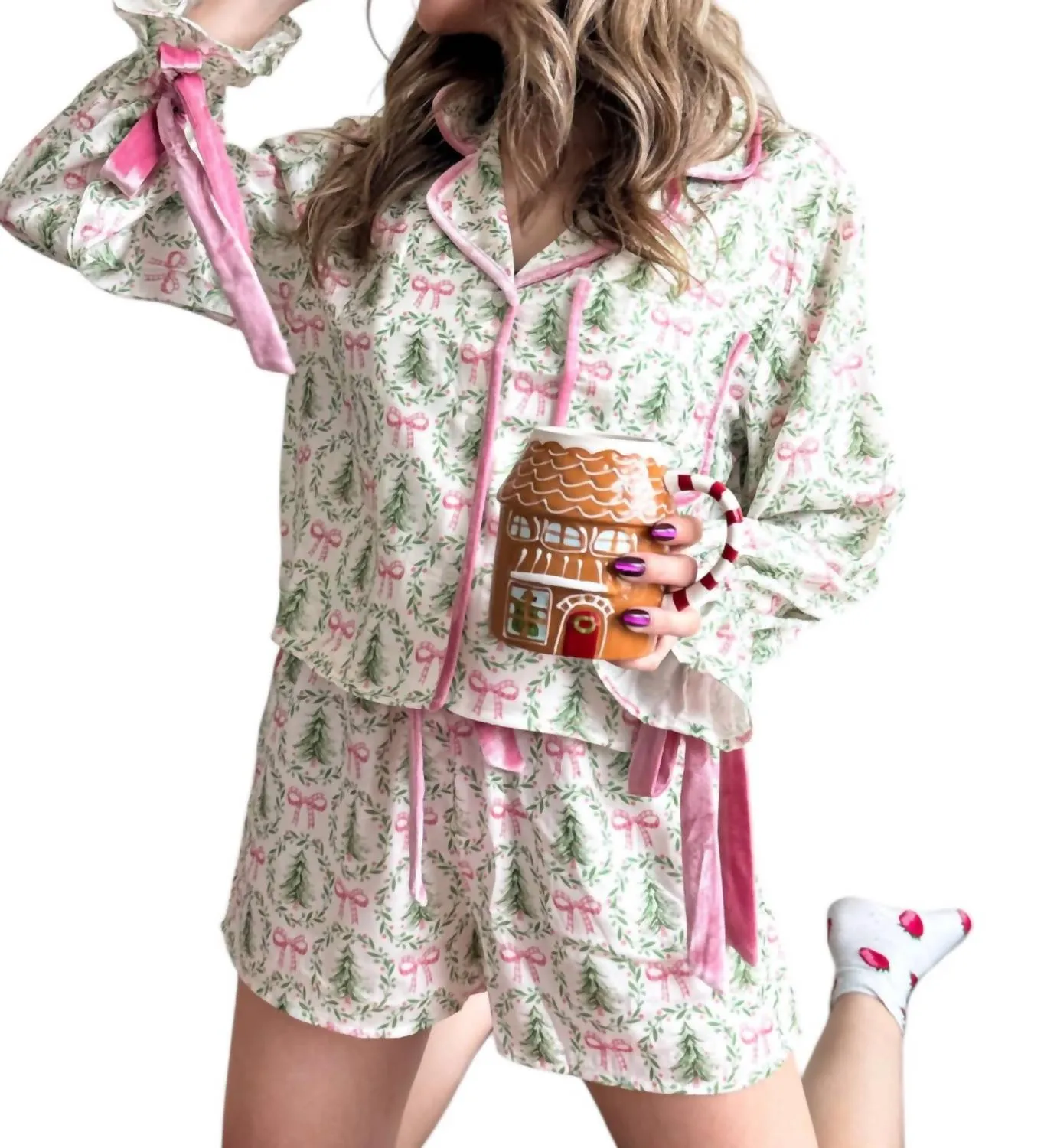 Ensemble Pyjama Hiver Féerique en Ivoire/vert/rose