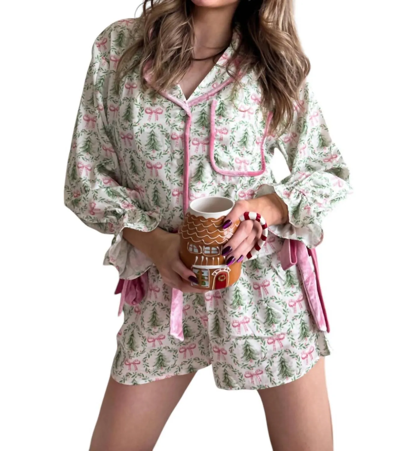 Ensemble Pyjama Hiver Féerique en Ivoire/vert/rose
