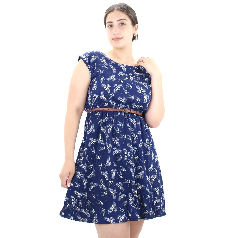 Robe imprimée oiseaux pour femme avec ceinture, Marine