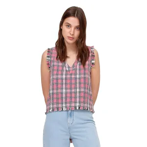 Women's Checkered Fringe Top,Pink/White