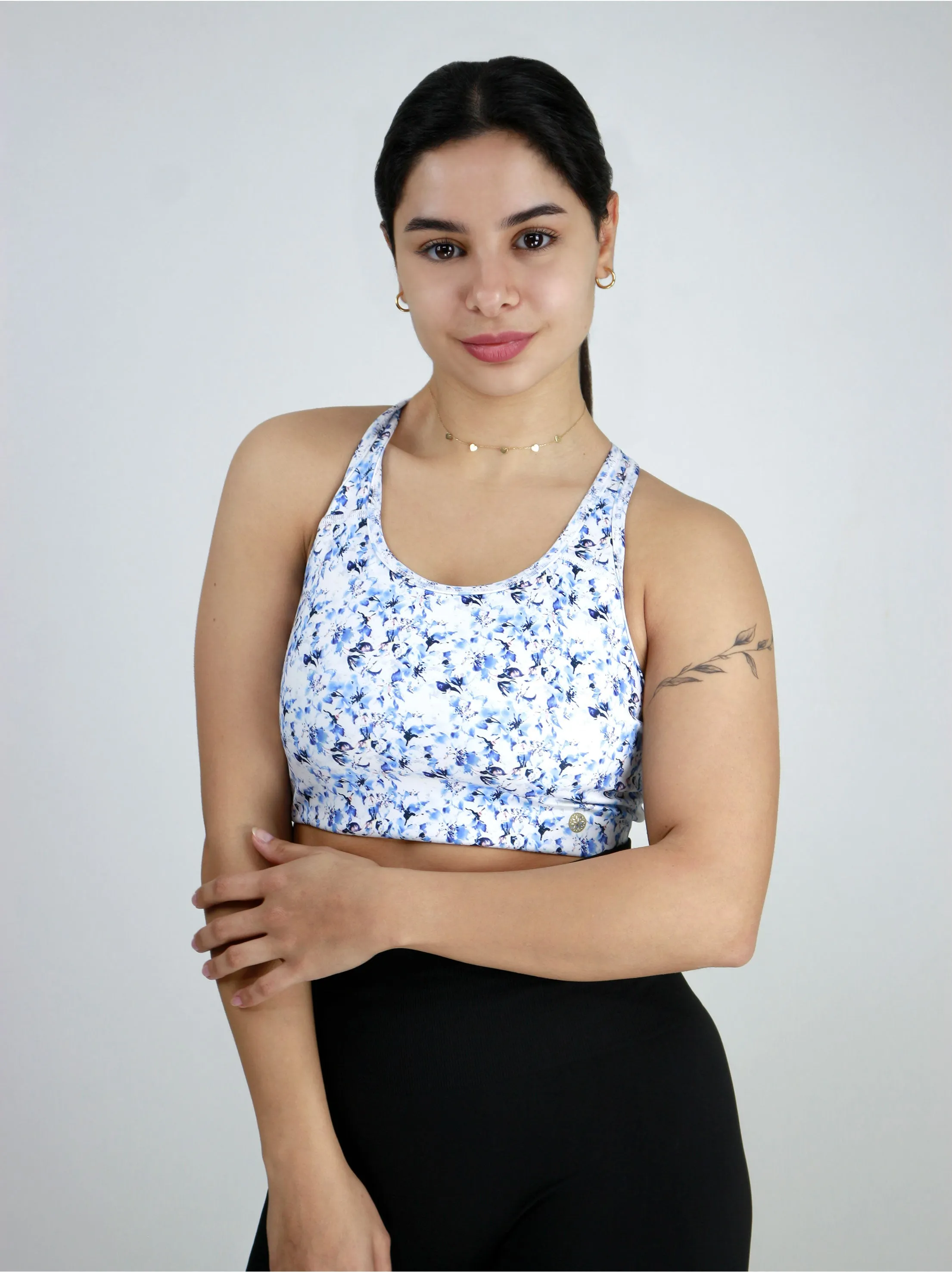 Haut de sport court imprimé floral pour femmes, Bleu