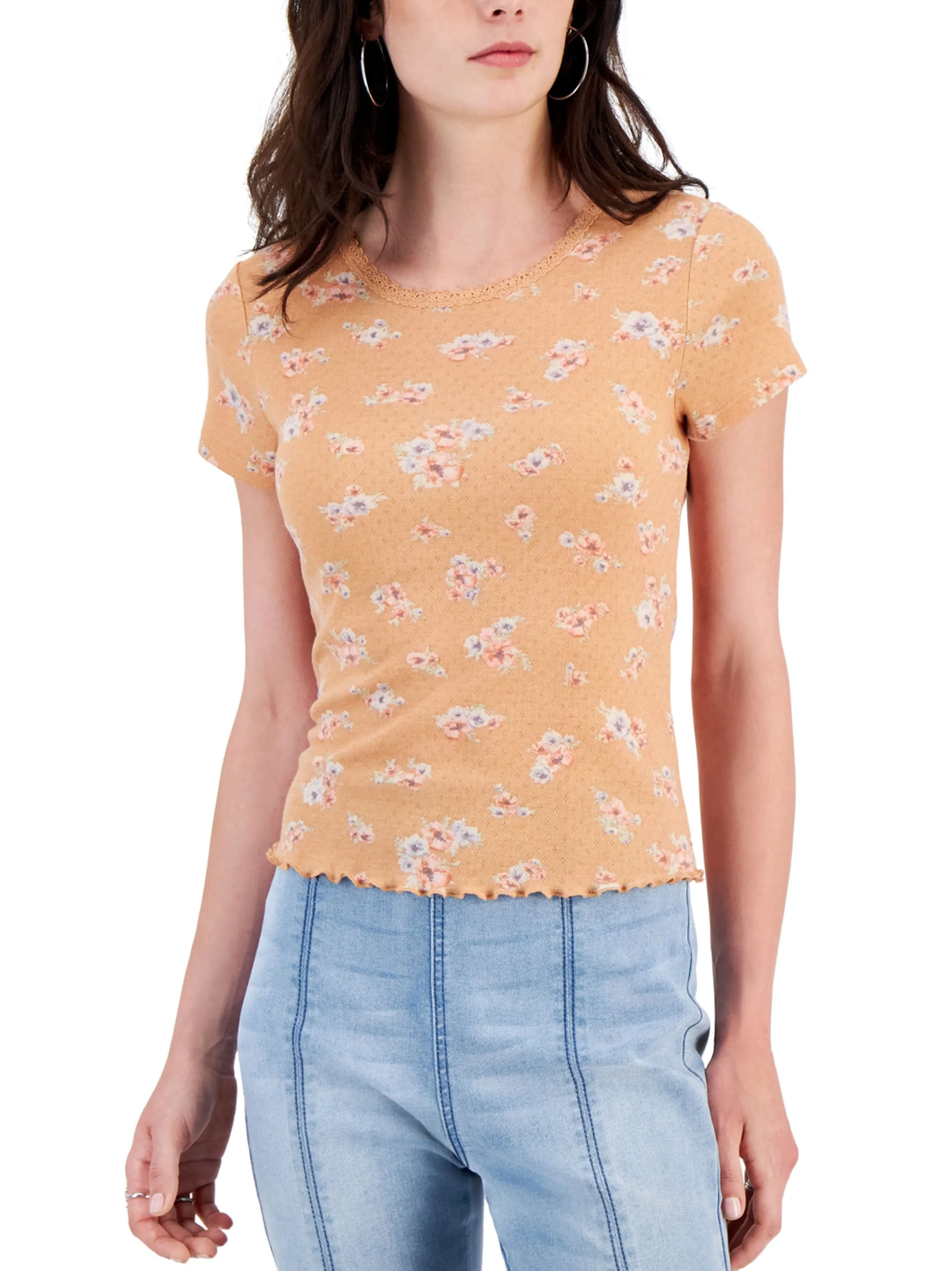 T-Shirt Femme à Imprimé Floral, Pêche