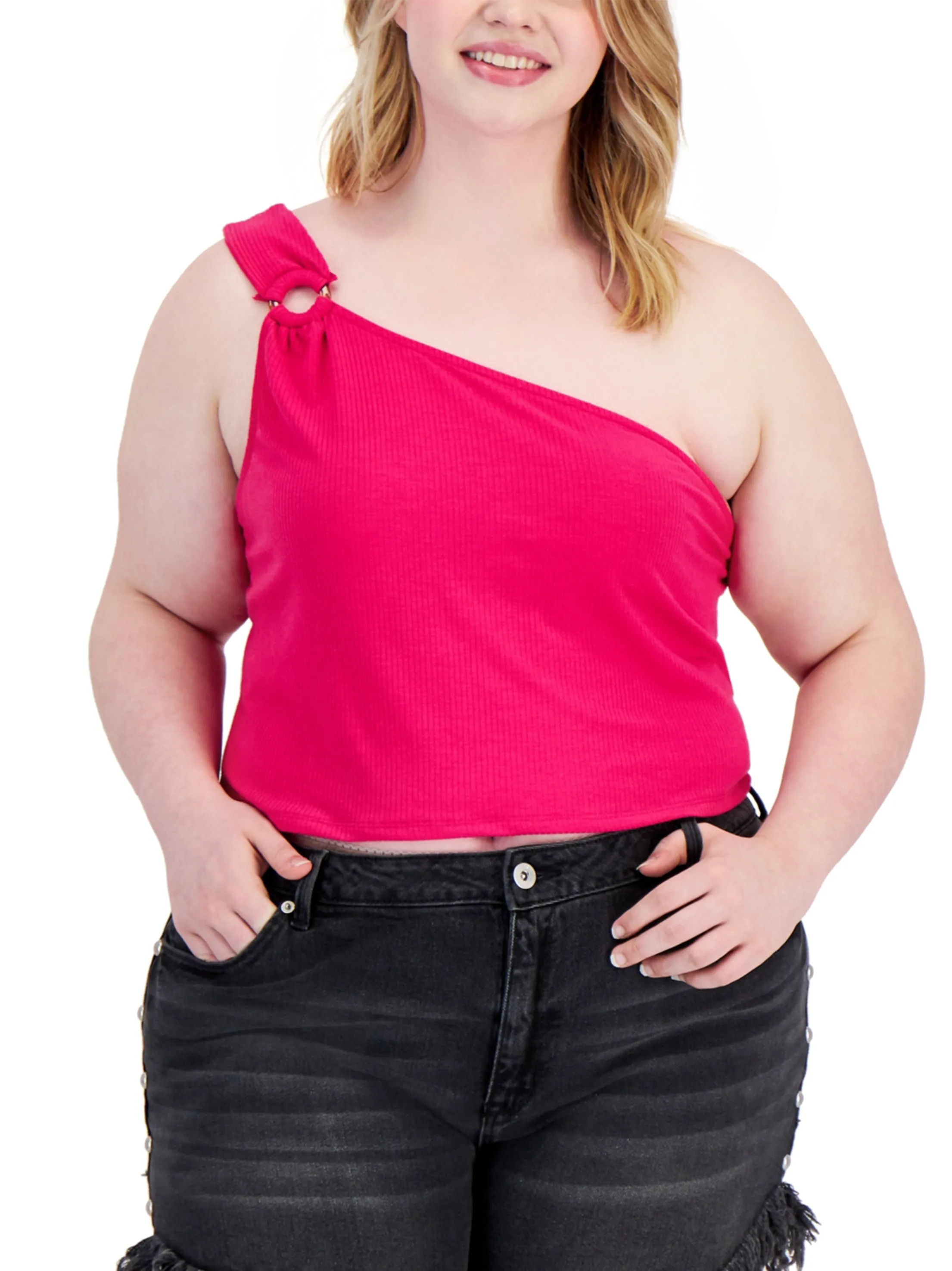 Haut femme à une épaule côtelé, Fuchsia