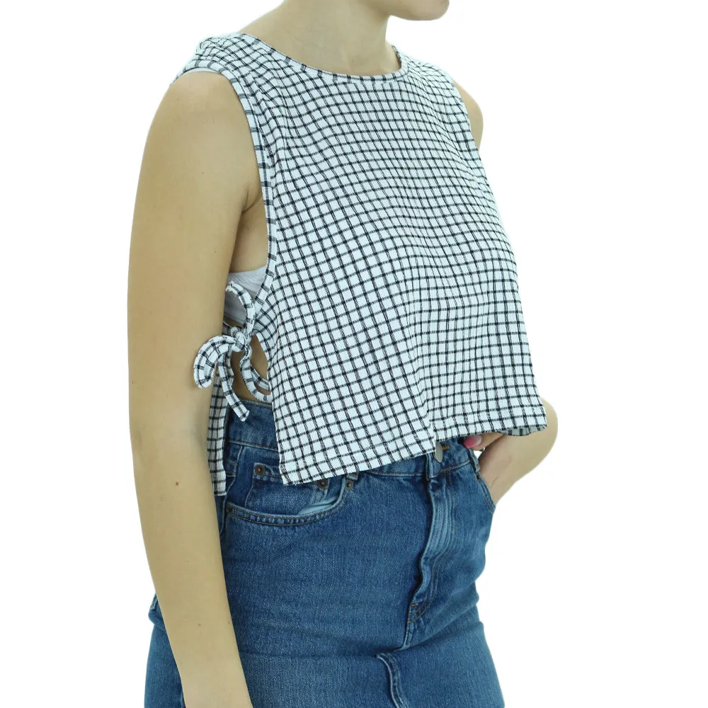 Haut court en plaid pour femmes, Blanc/Noir