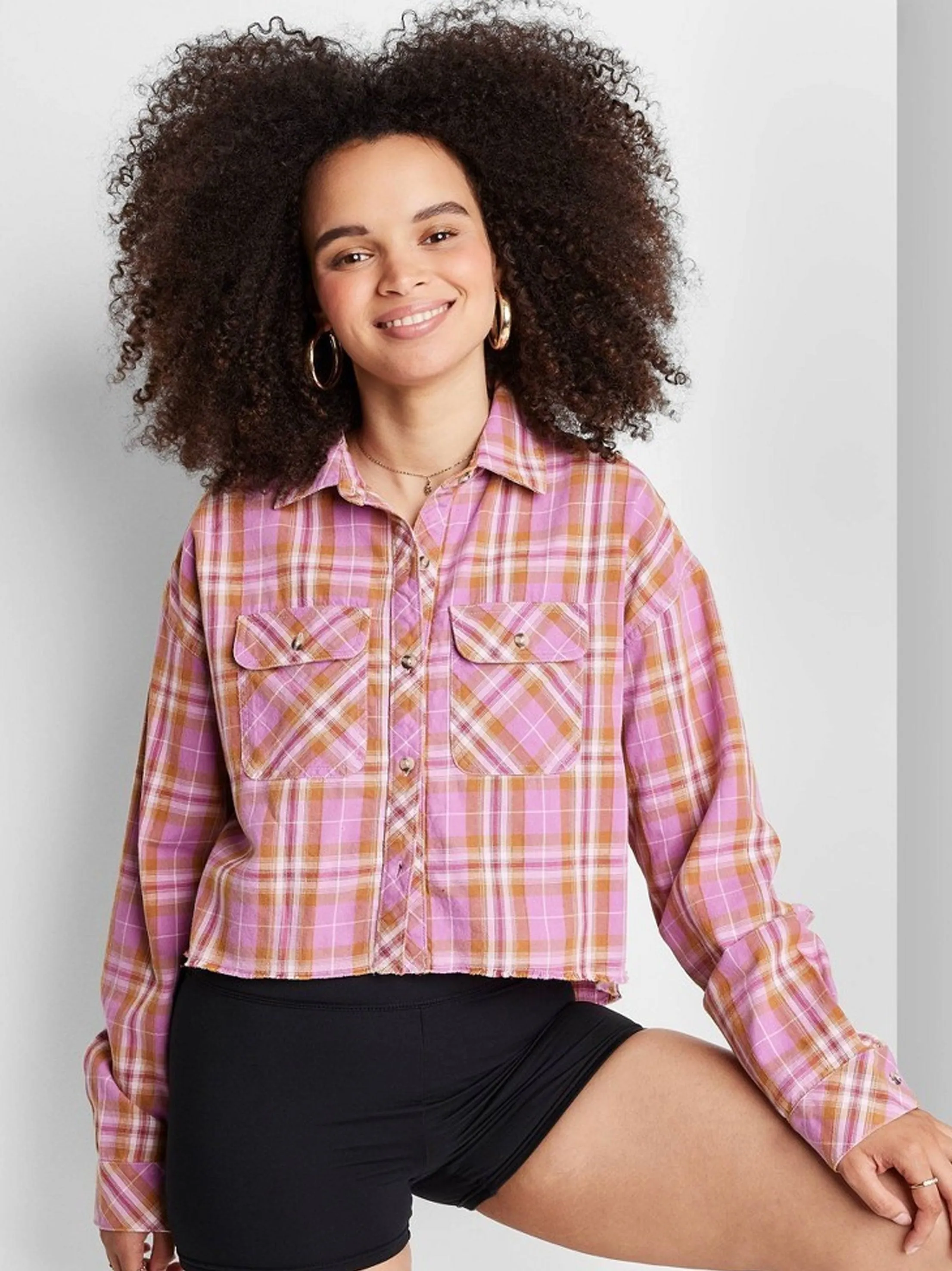 Chemise à carreaux femme coupée, Rose