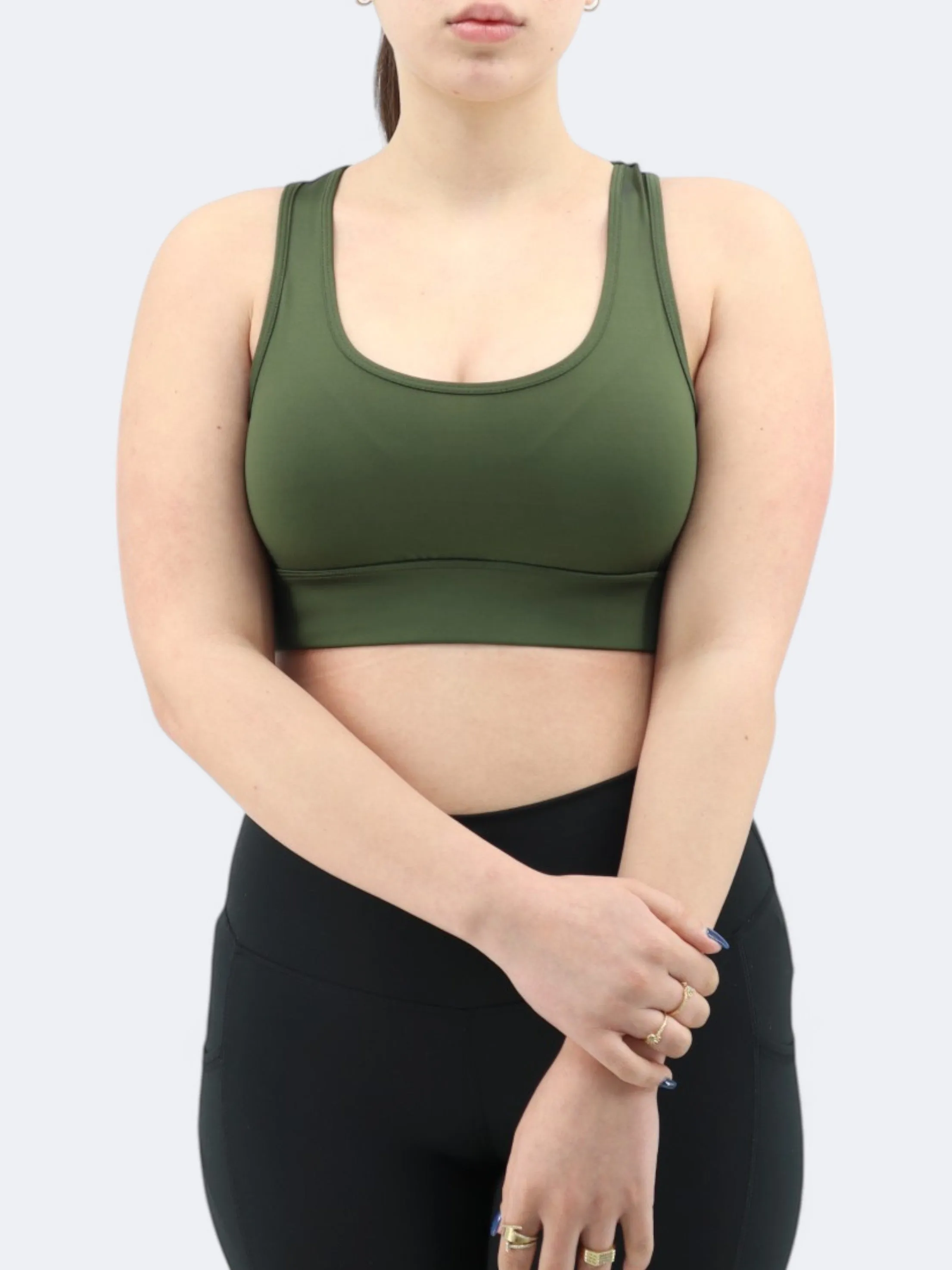 Haut de sport court uni pour femme, Vert olive foncé