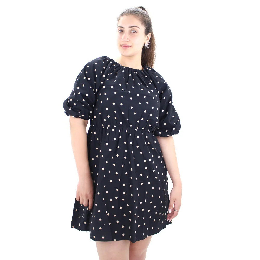 Robe Femme à Manches Ballon à Pois, Noir