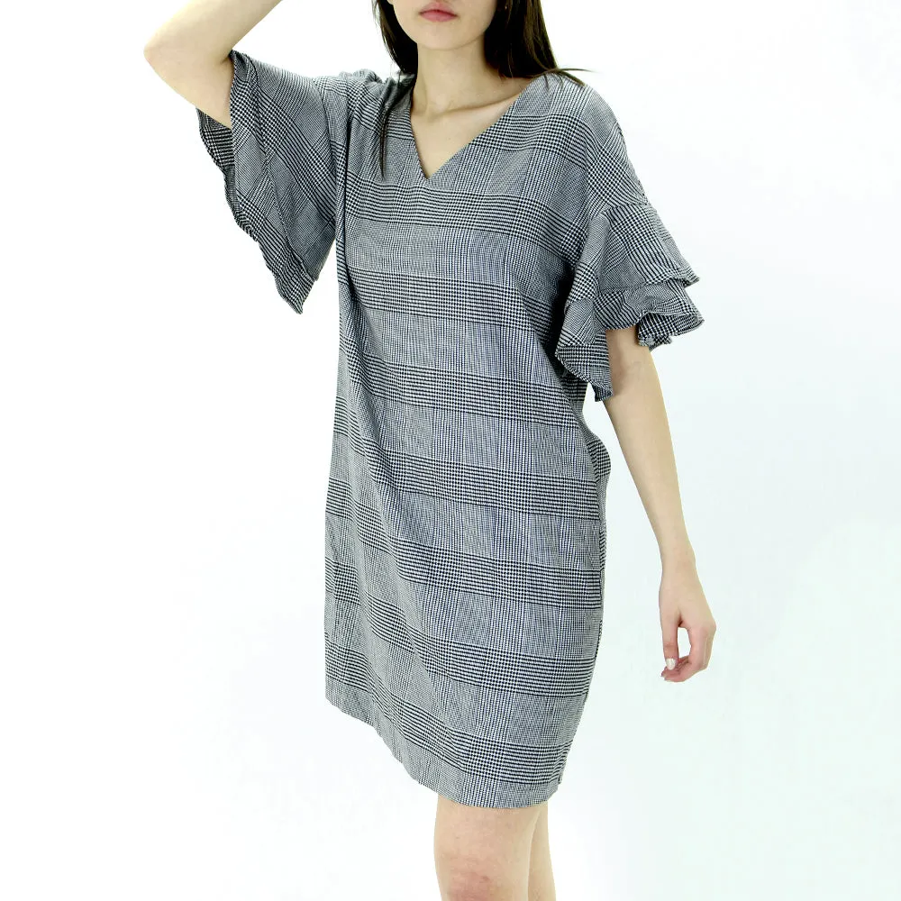 Robe à carreaux à manches volantées pour femme, Noir/Blanc