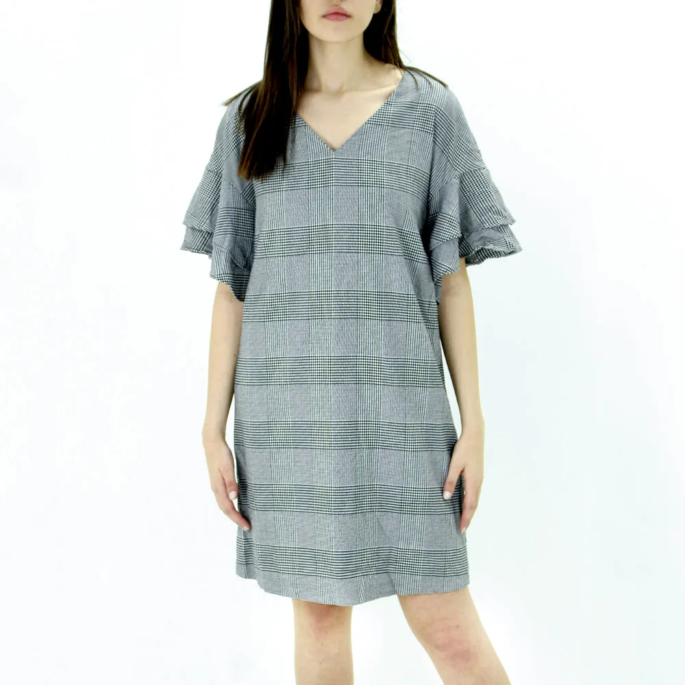 Robe à carreaux à manches volantées pour femme, Noir/Blanc