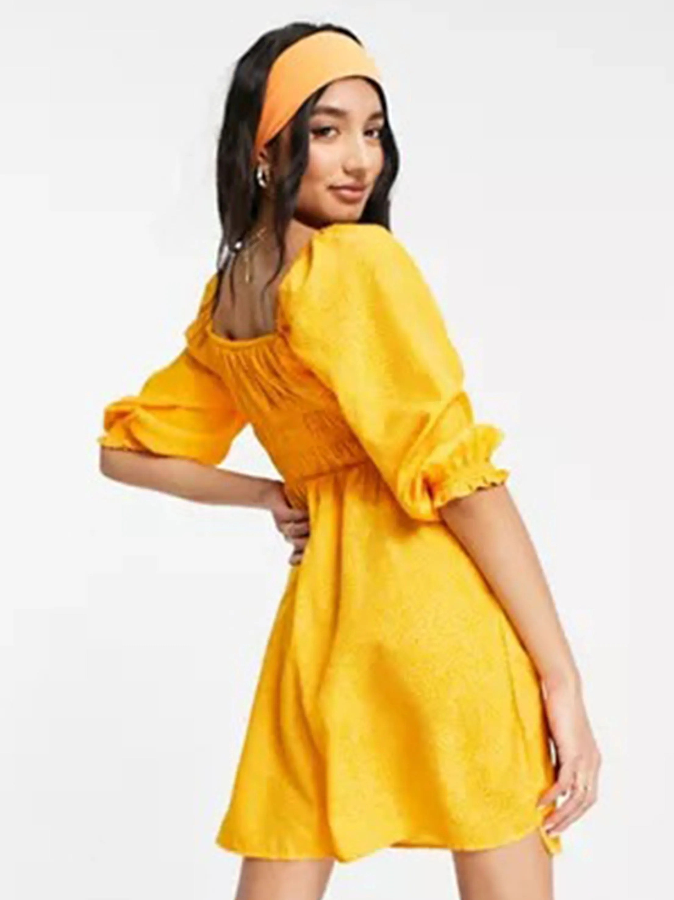 Robe courte femme à manches ballon froncée au buste, Orange