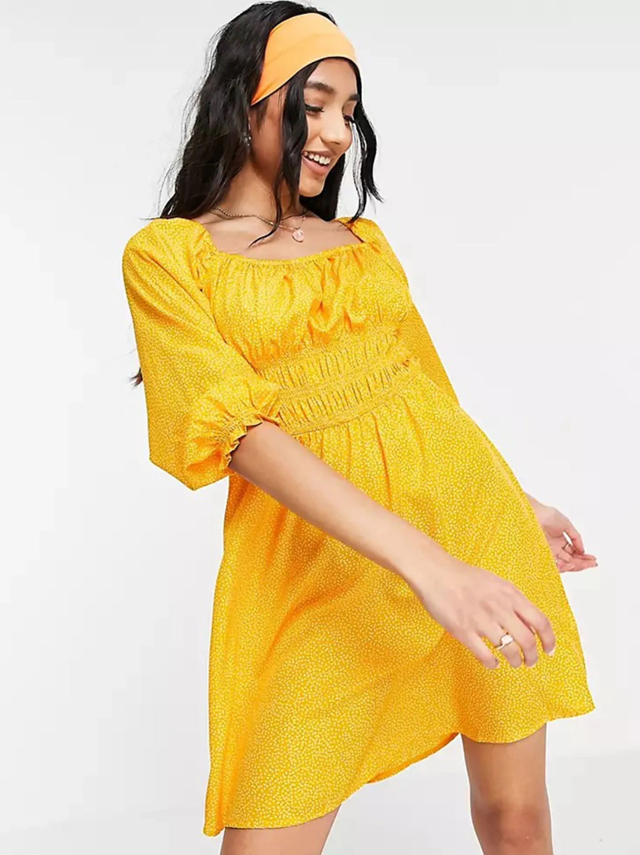 Robe courte femme à manches ballon froncée au buste, Orange