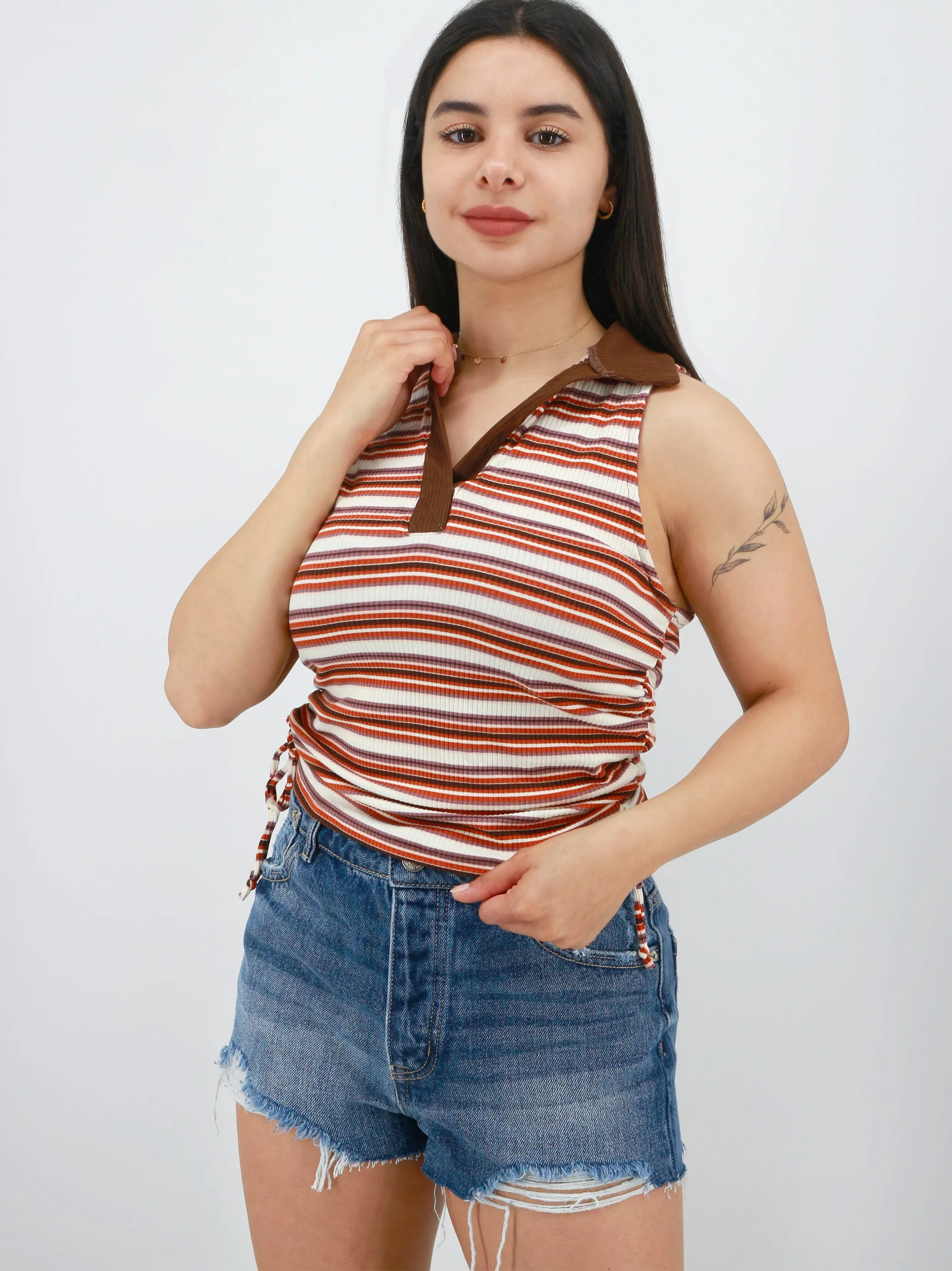 Haut de polo rayé ruché pour femme, Multi