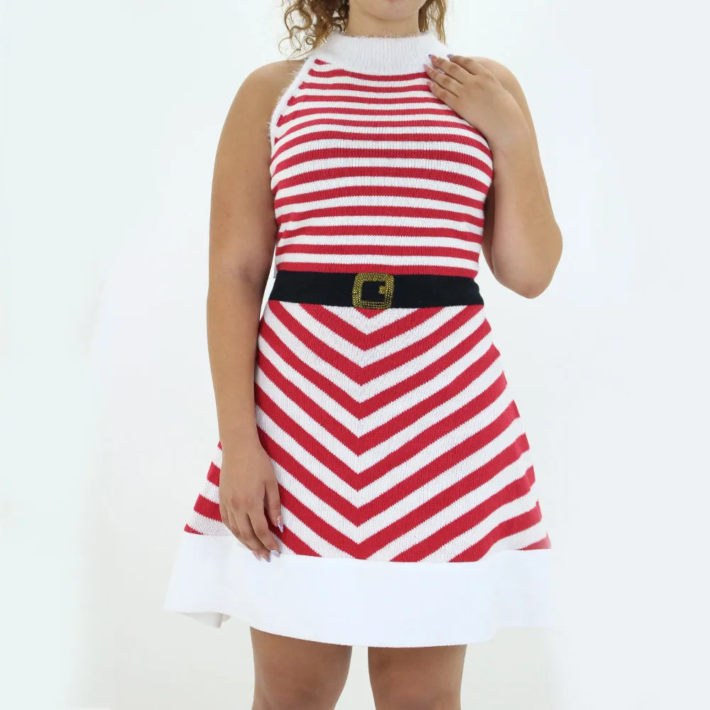 Robe ajustée et évasée à rayures pour femme, Blanc/Rouge