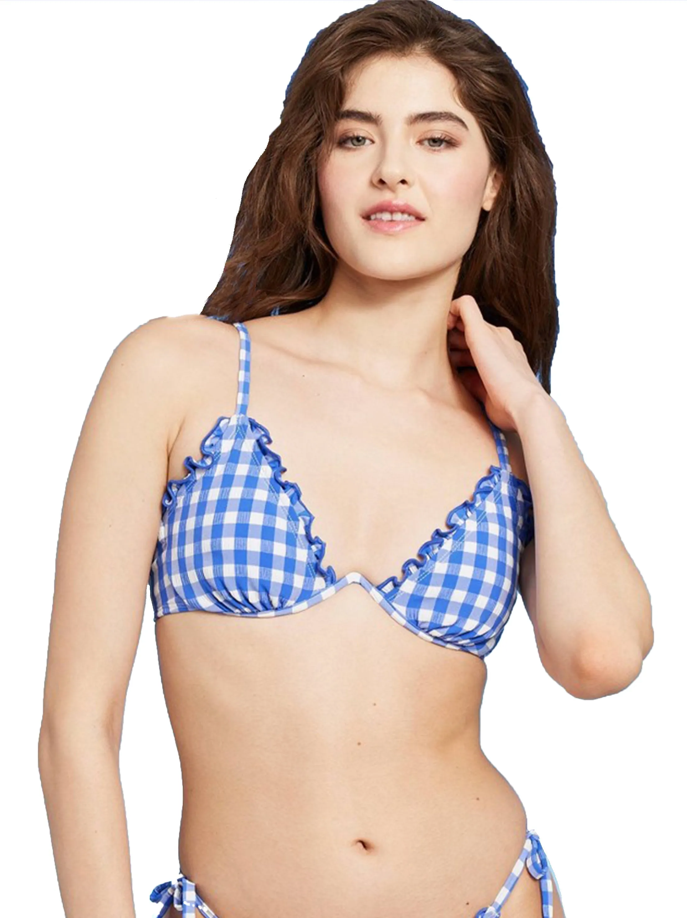 Haut de bikini à volants en plaid texturé pour femmes, Bleu