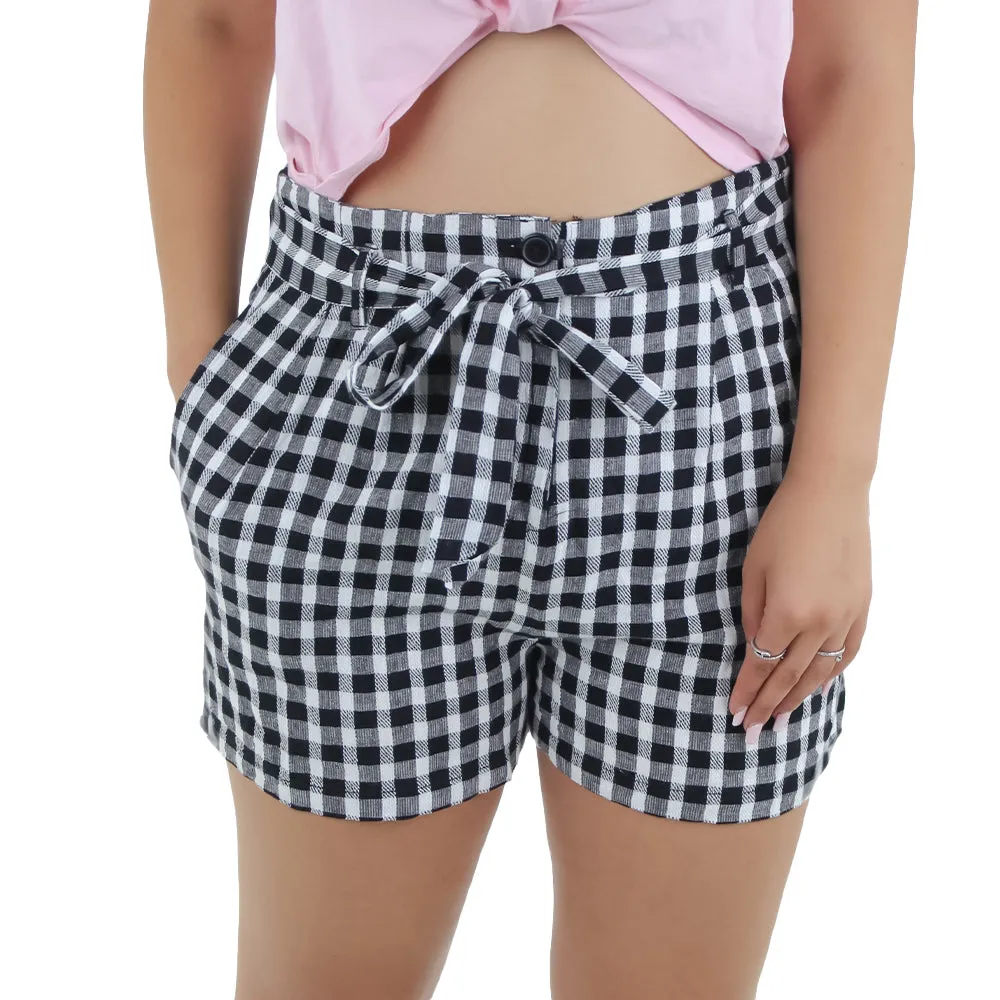 Short à carreaux avec ceinture nouée pour femme, Noir/Blanc