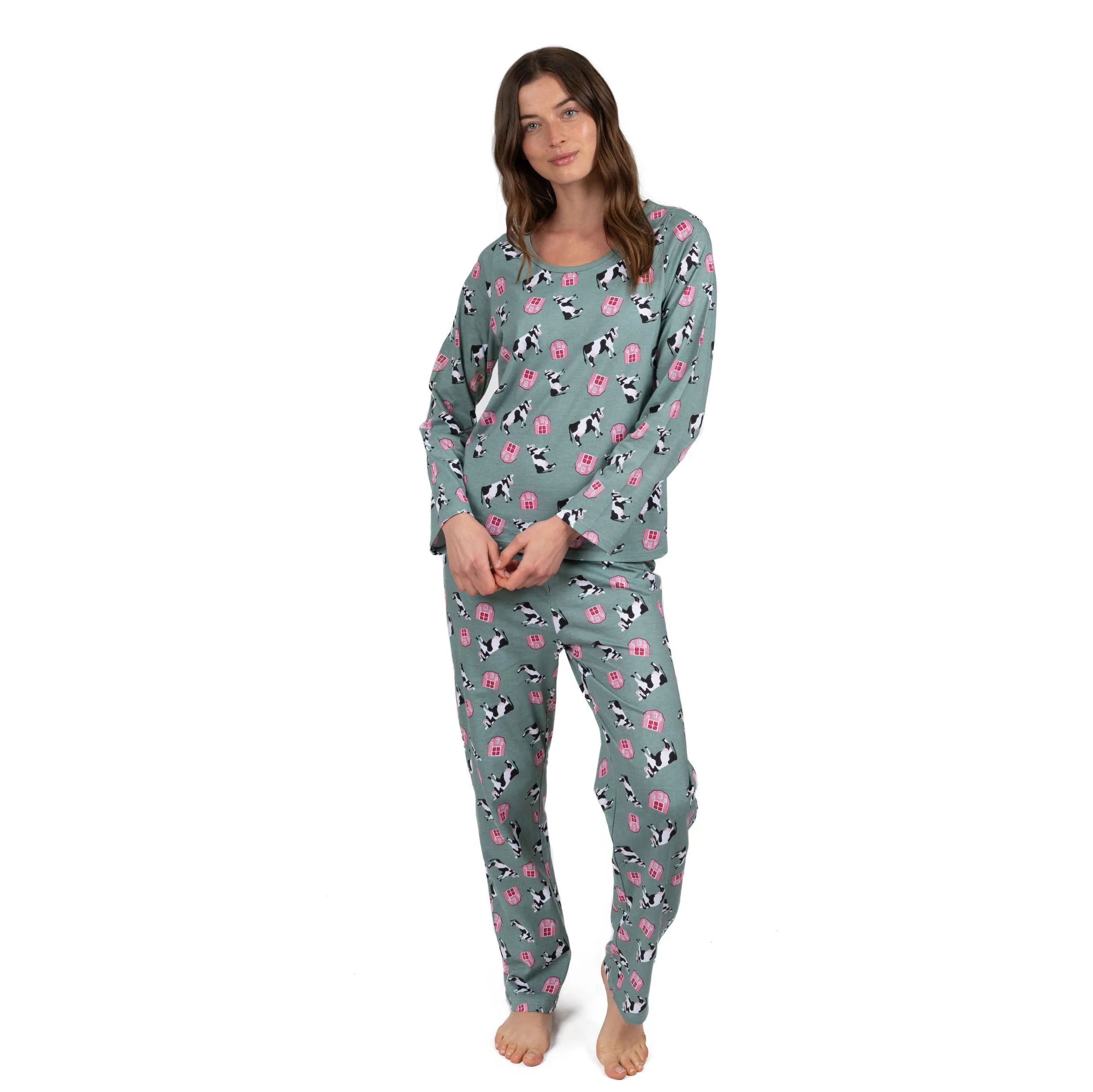 Pyjama deux pièces en coton large pour femme - Vert vache