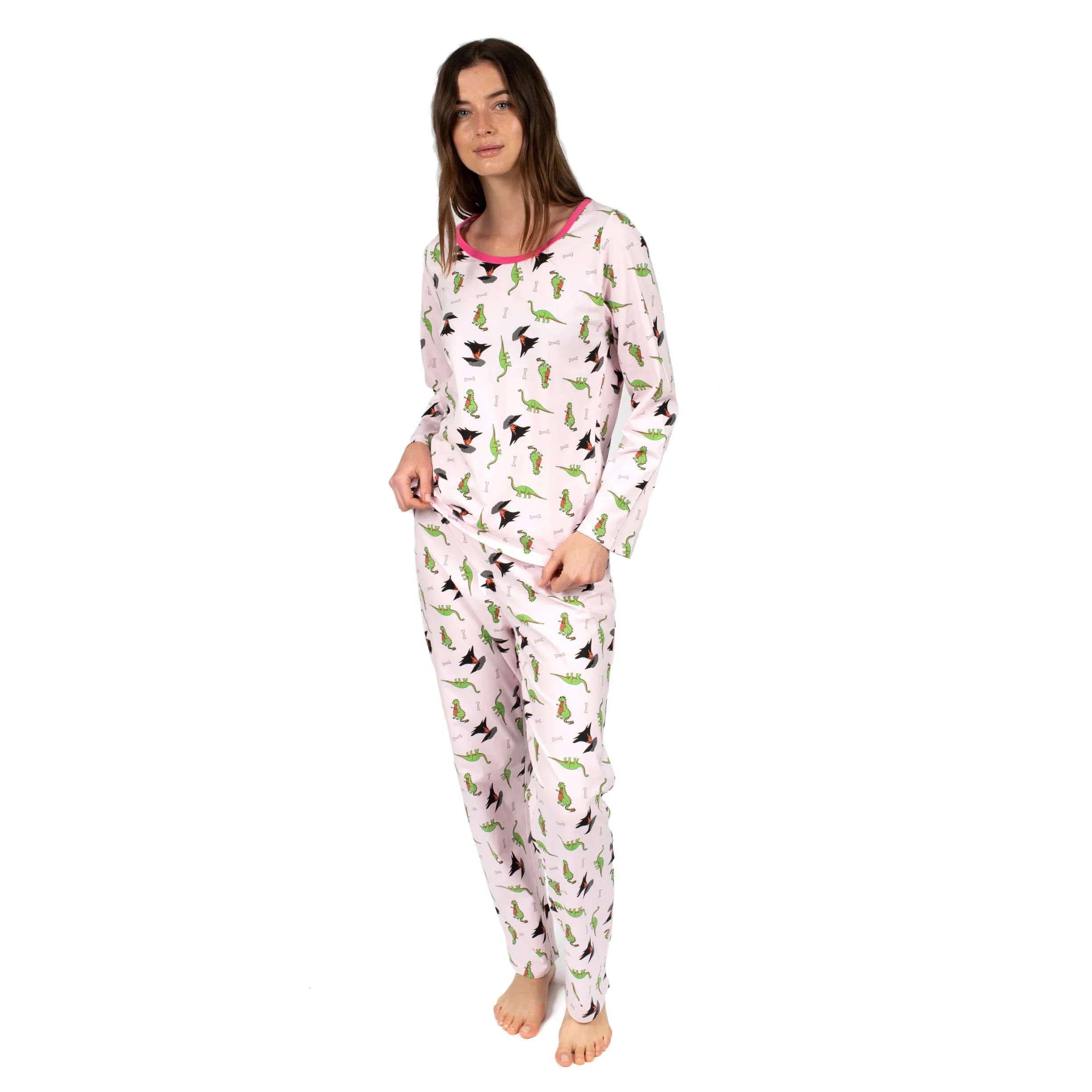 Pyjama deux pièces en coton pour femme, coupe ample, motif dinosaure rose