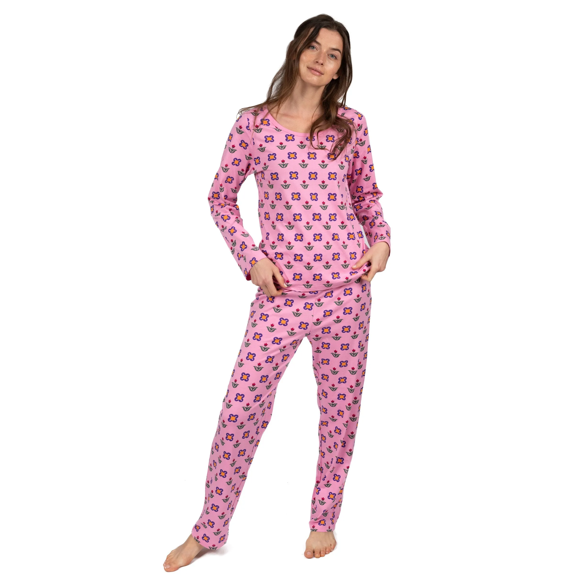 Pyjama deux pièces en coton pour femme, coupe ample, motif pot de fleurs