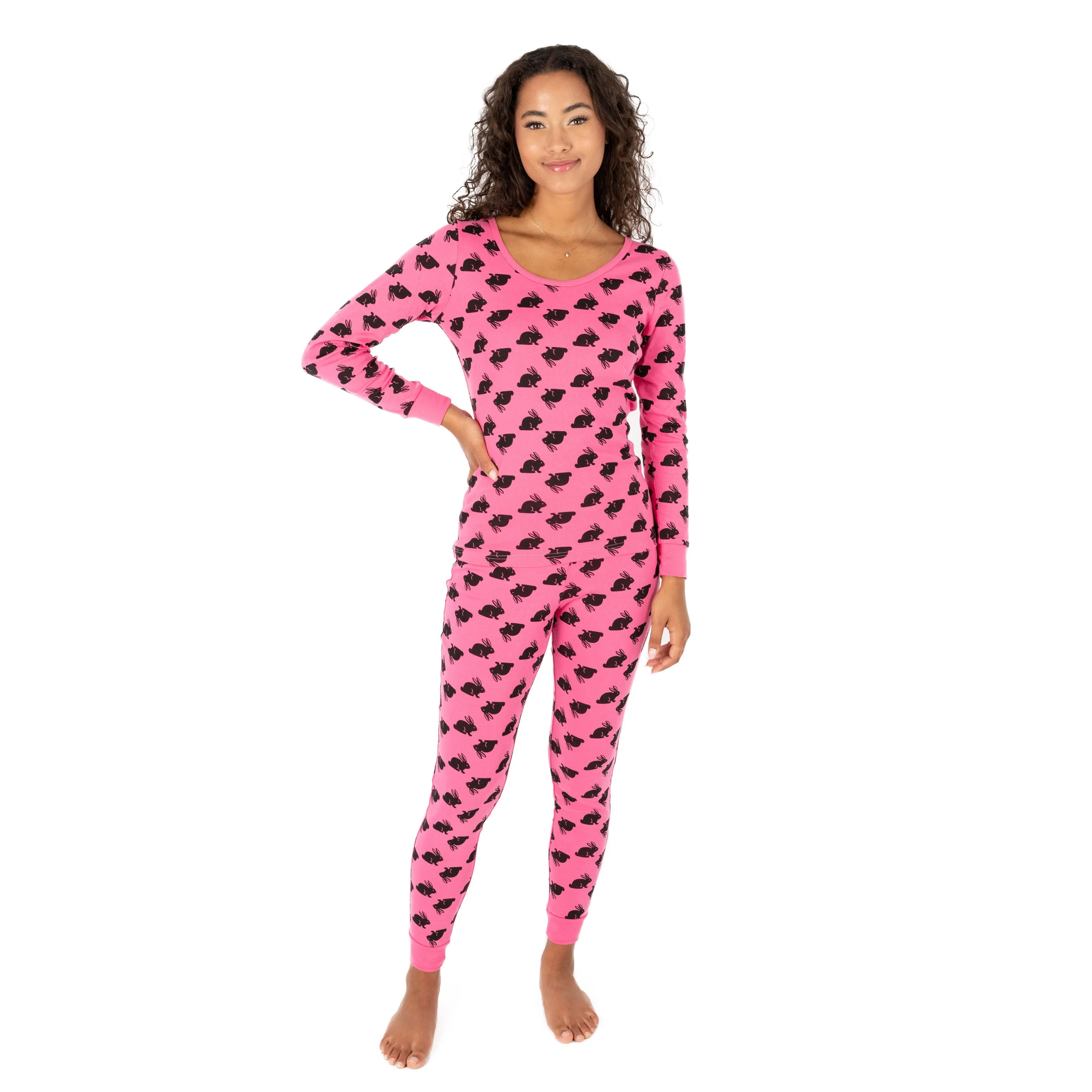 Pyjama deux pièces en coton pour femmes - Rose lapin
