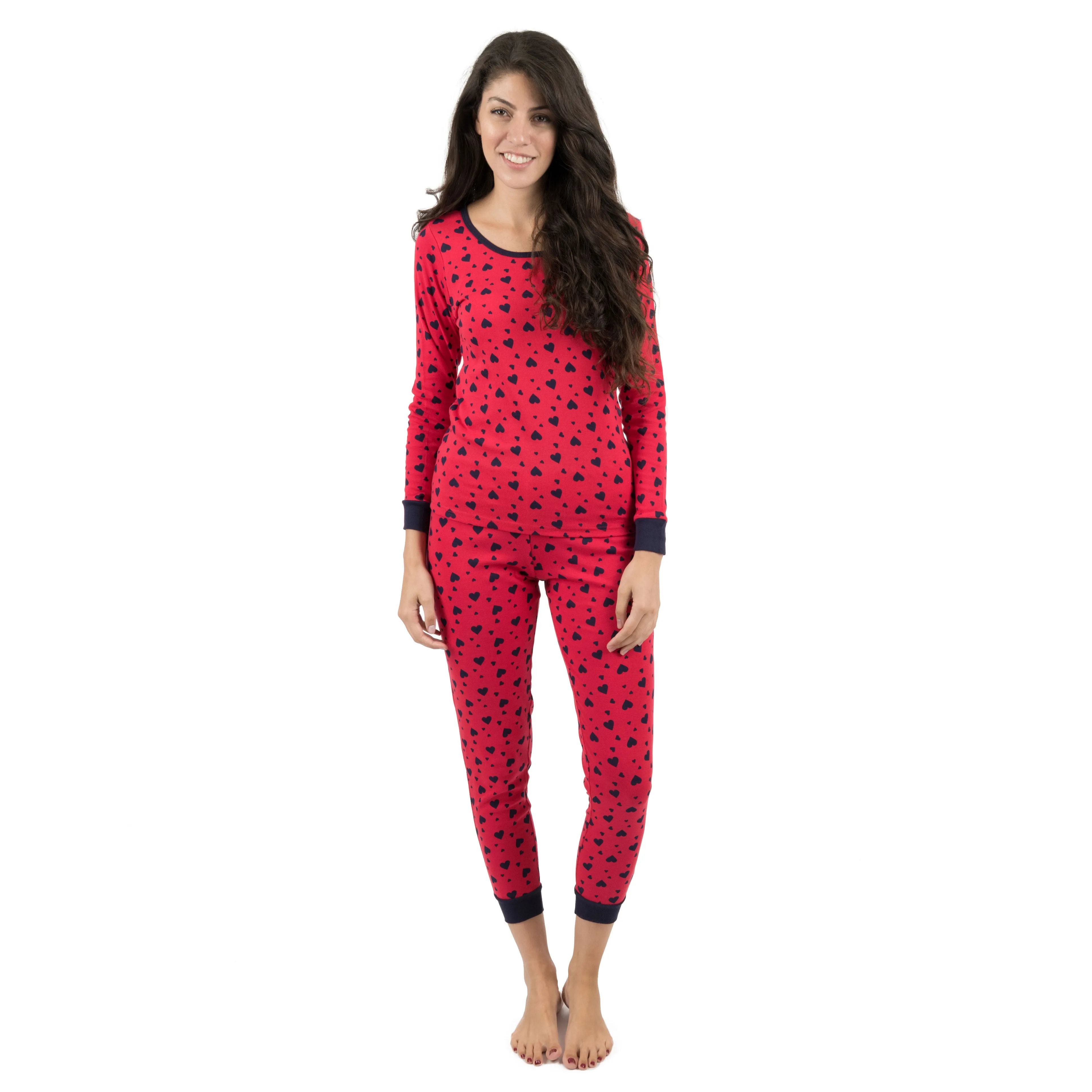 Pyjama deux pièces en coton pour femmes Cœurs bleu marine