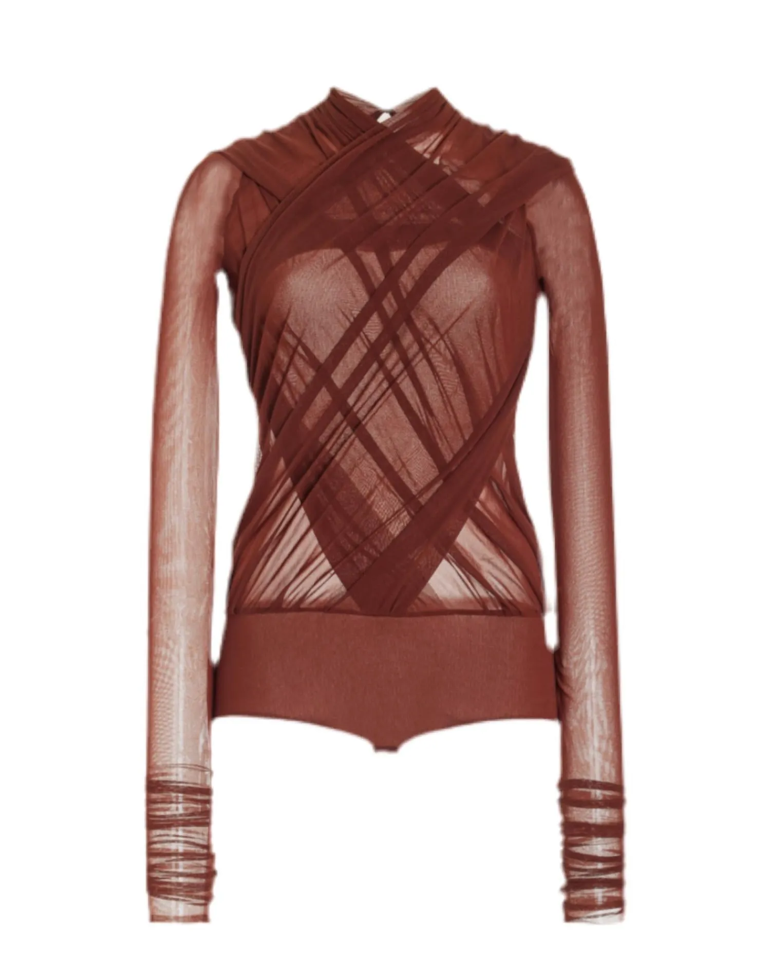 Body stretch en tulle enveloppant couleur brun cireux