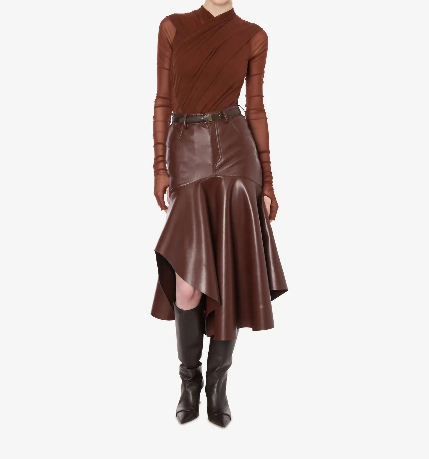 Body stretch en tulle enveloppant couleur brun cireux